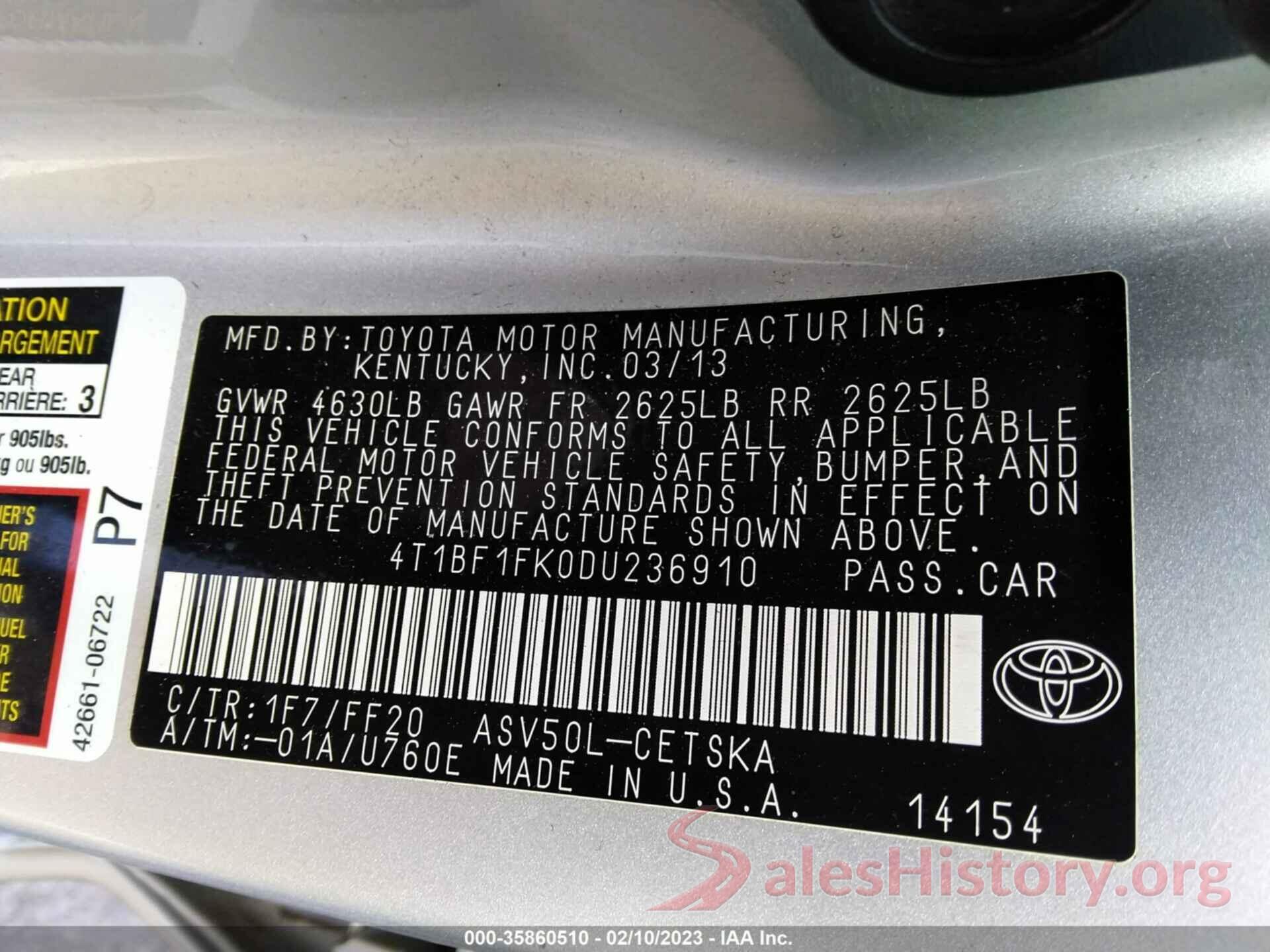 4T1BF1FK0DU236910 2013 TOYOTA CAMRY