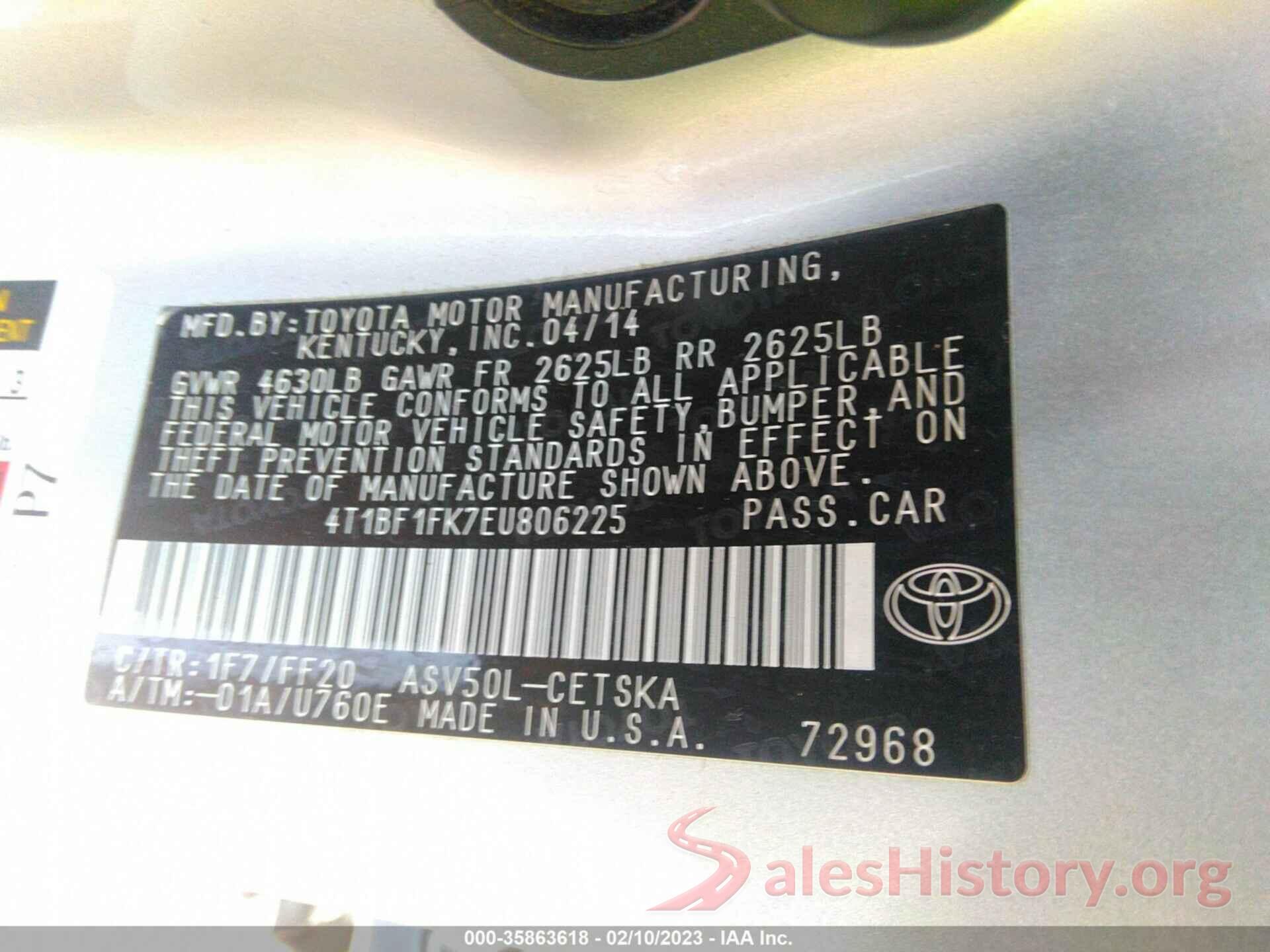 4T1BF1FK7EU806225 2014 TOYOTA CAMRY