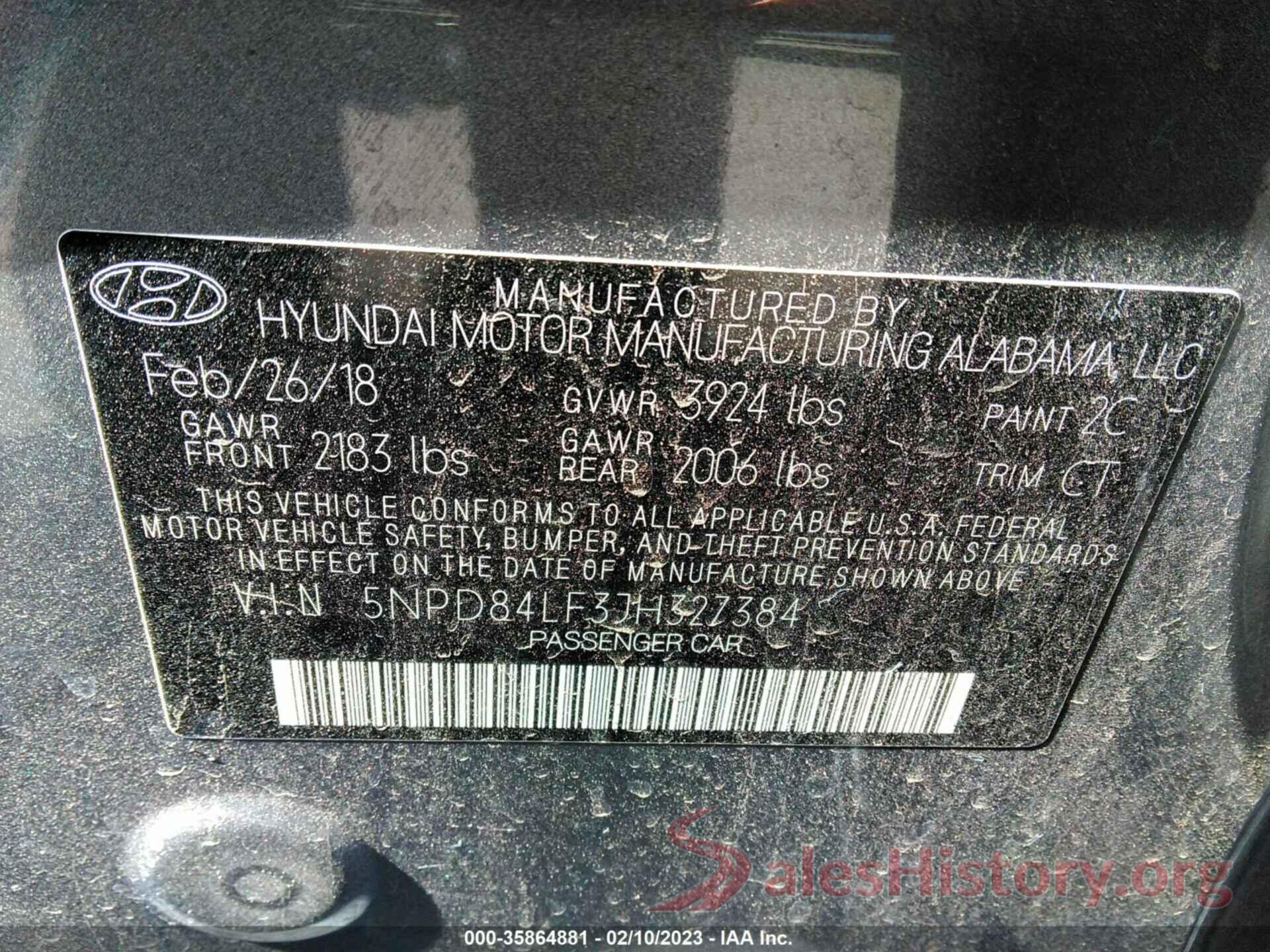 5NPD84LF3JH327384 2018 HYUNDAI ELANTRA