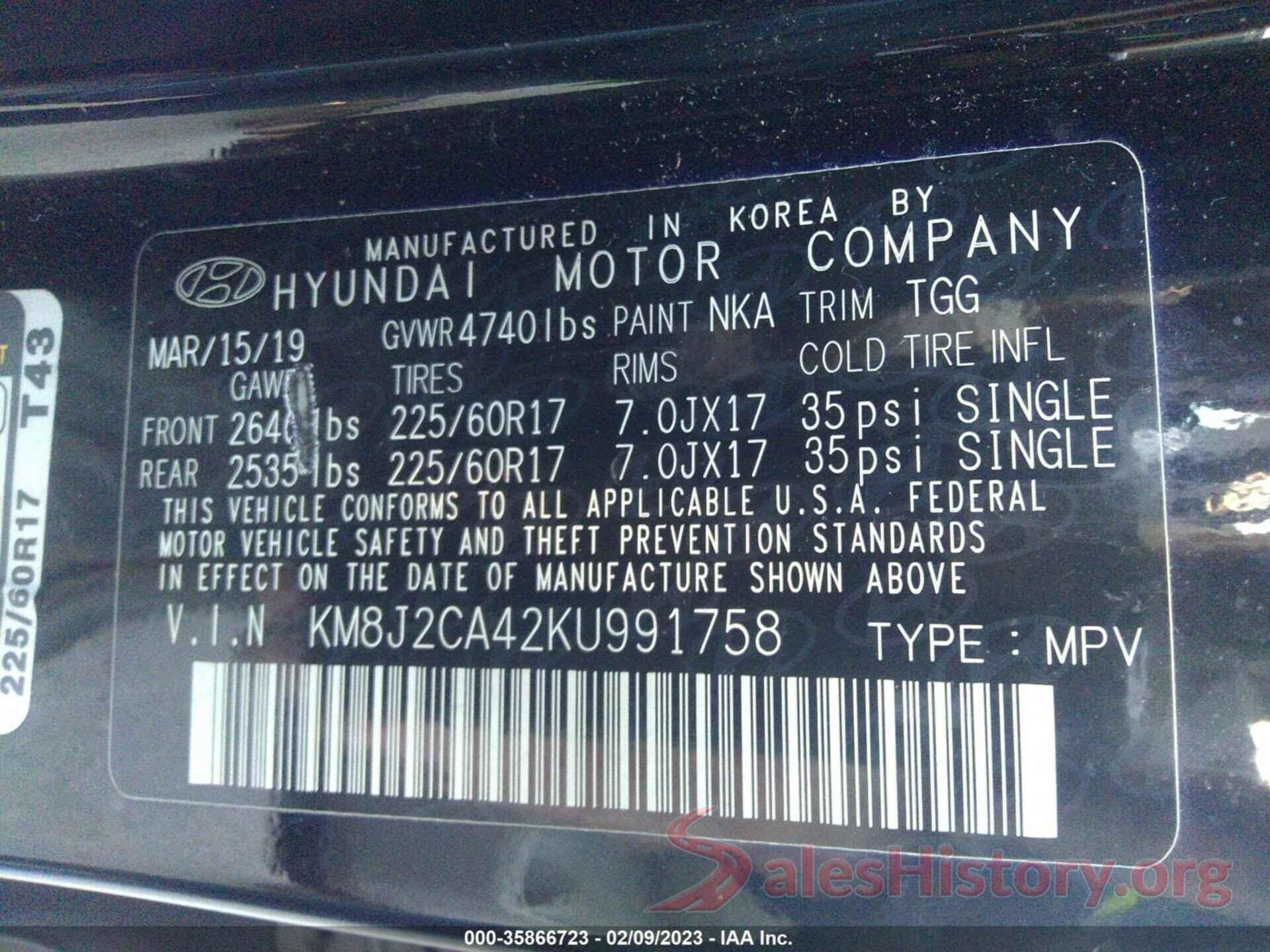 KM8J2CA42KU991758 2019 HYUNDAI TUCSON