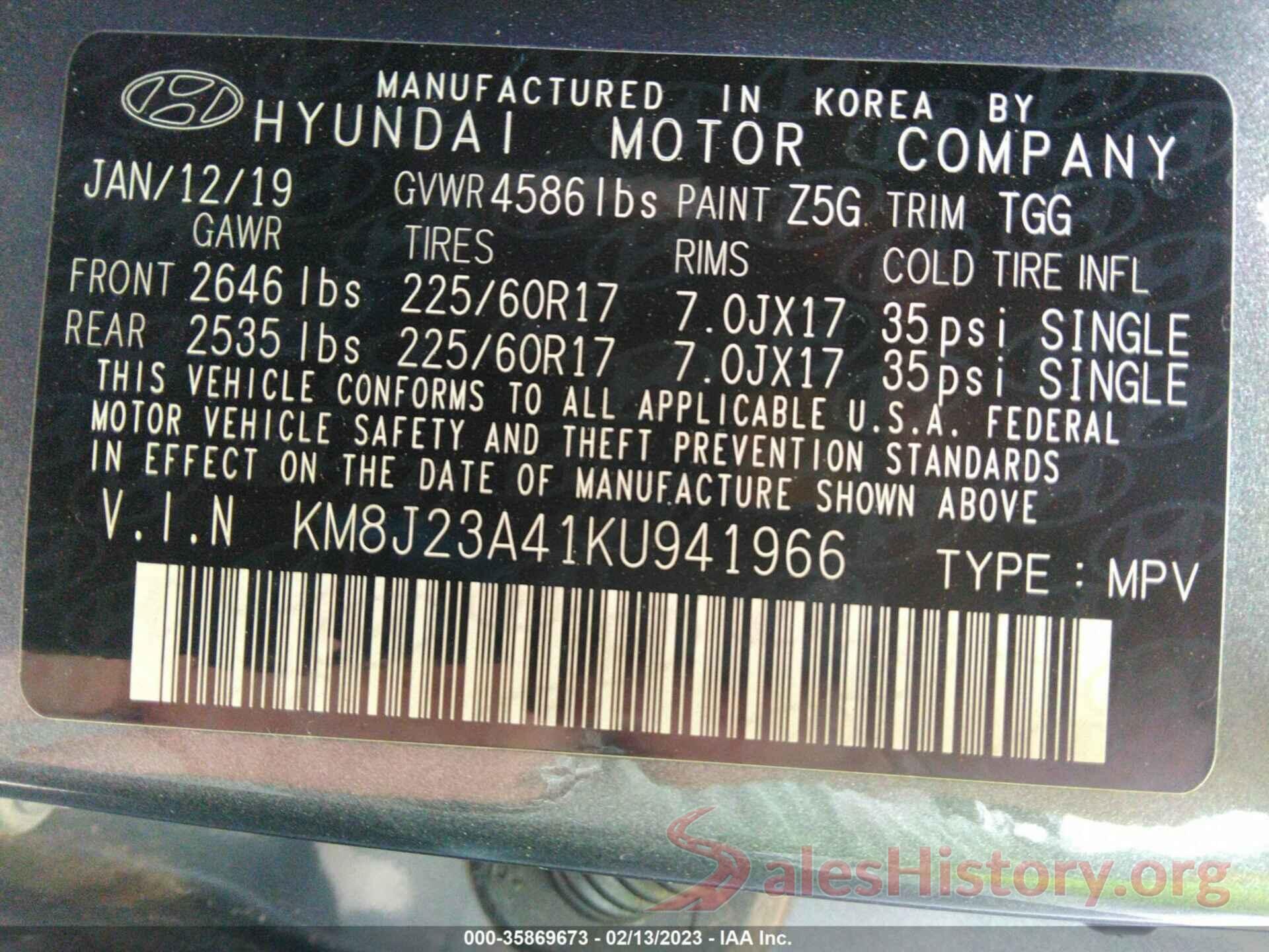 KM8J23A41KU941966 2019 HYUNDAI TUCSON