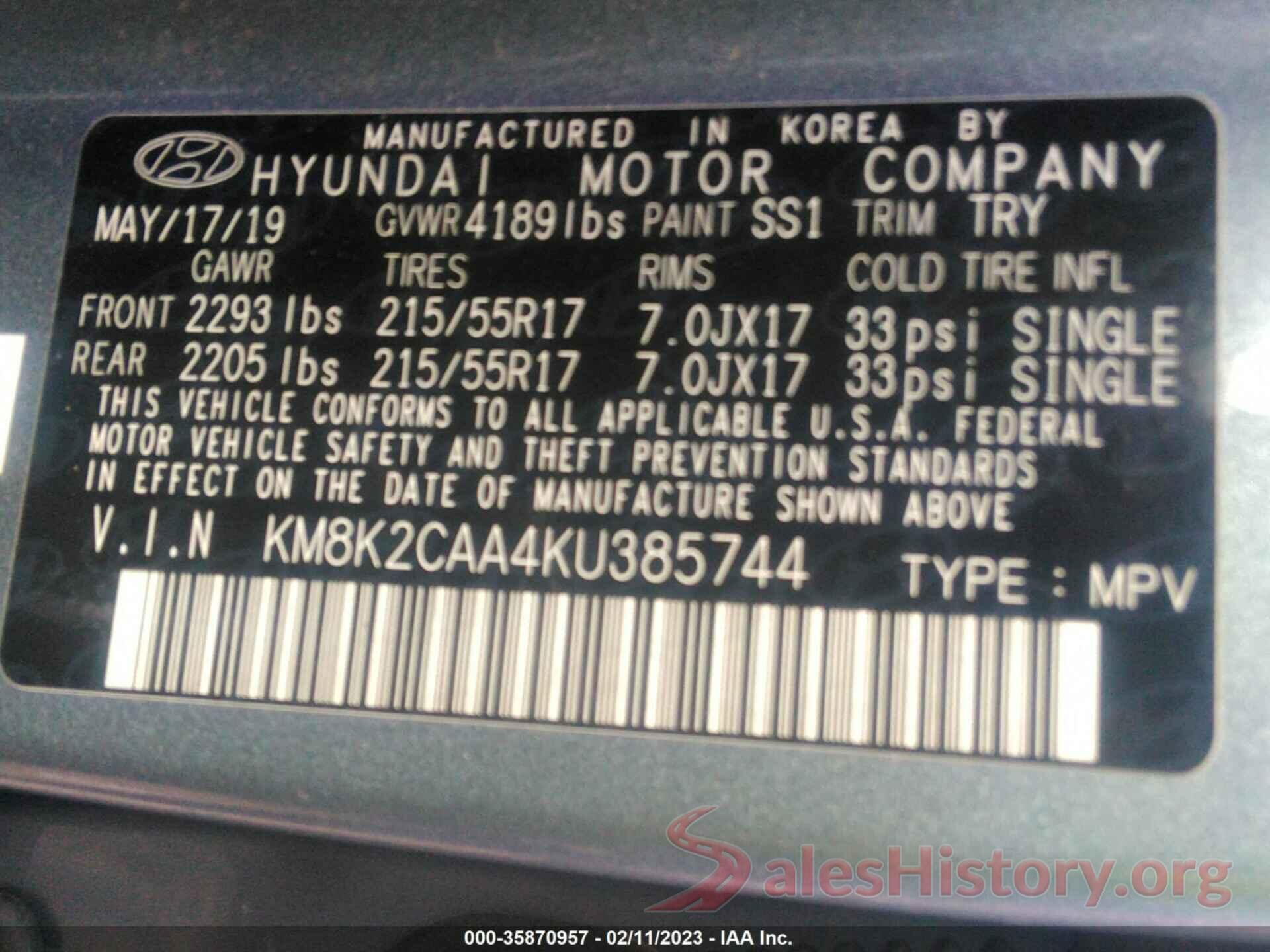 KM8K2CAA4KU385744 2019 HYUNDAI KONA