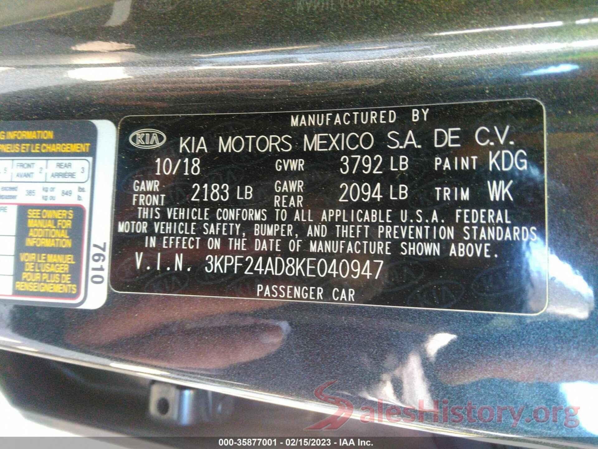 3KPF24AD8KE040947 2019 KIA FORTE