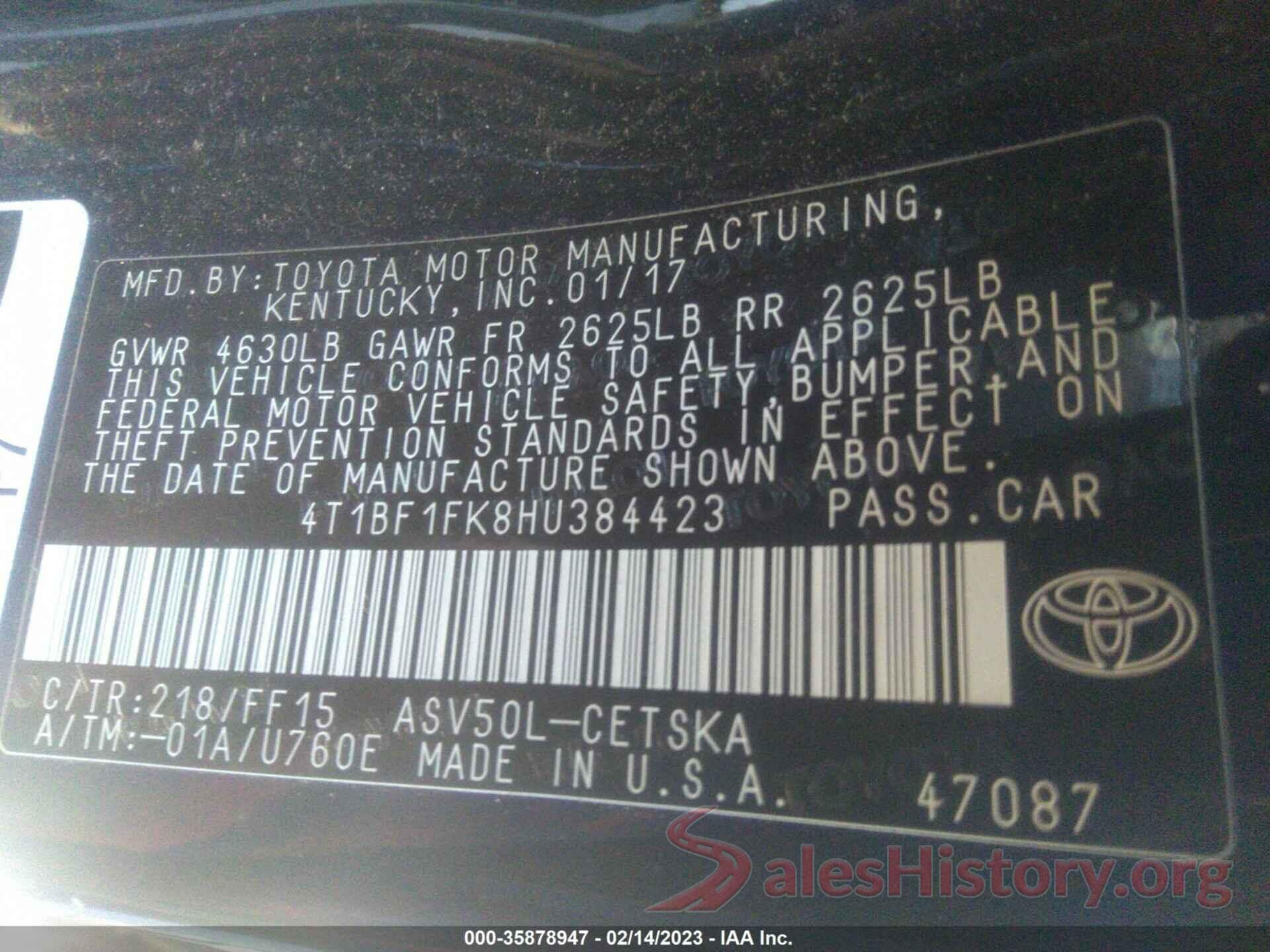 4T1BF1FK8HU384423 2017 TOYOTA CAMRY