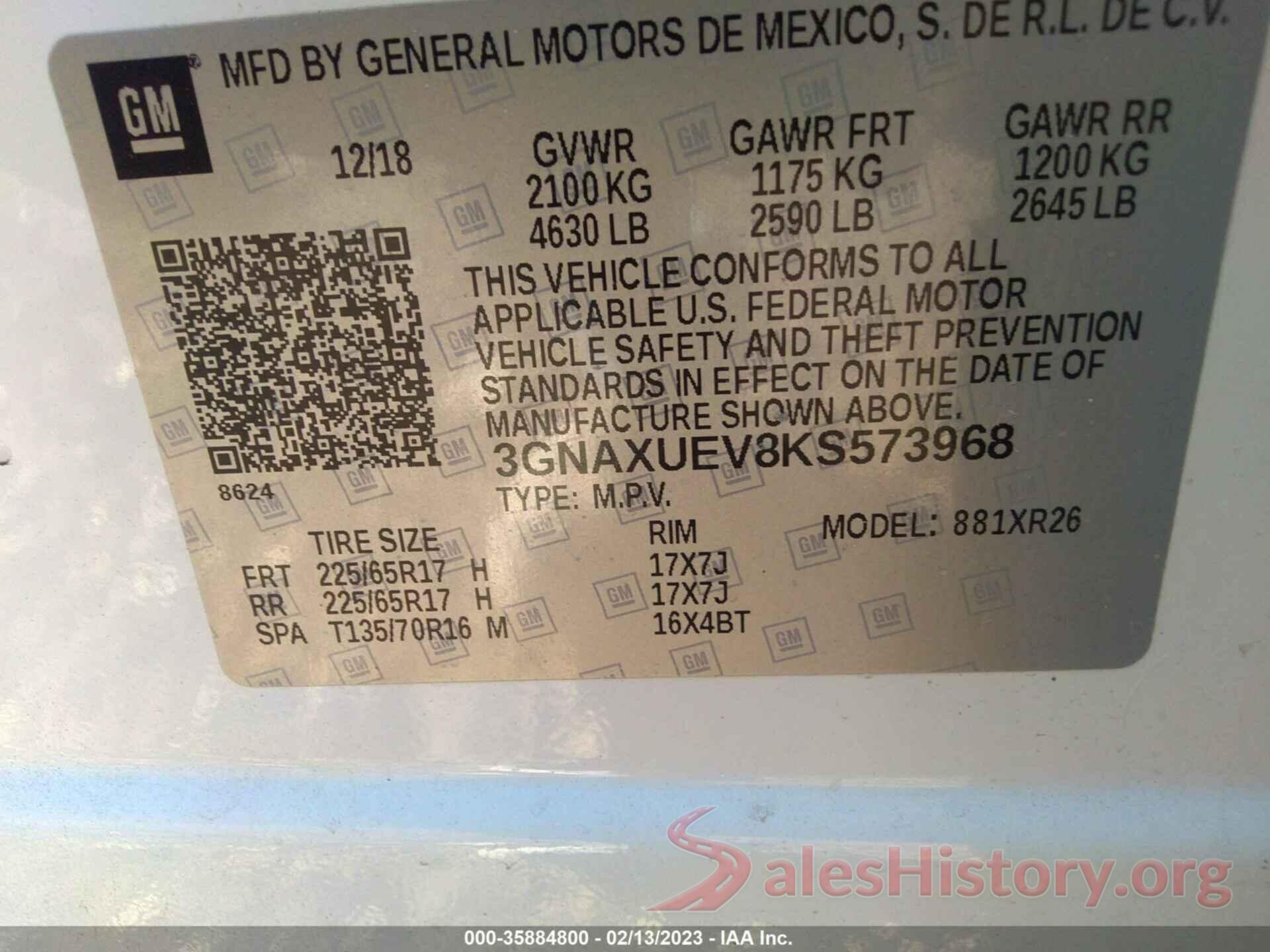 3GNAXUEV8KS573968 2019 CHEVROLET EQUINOX