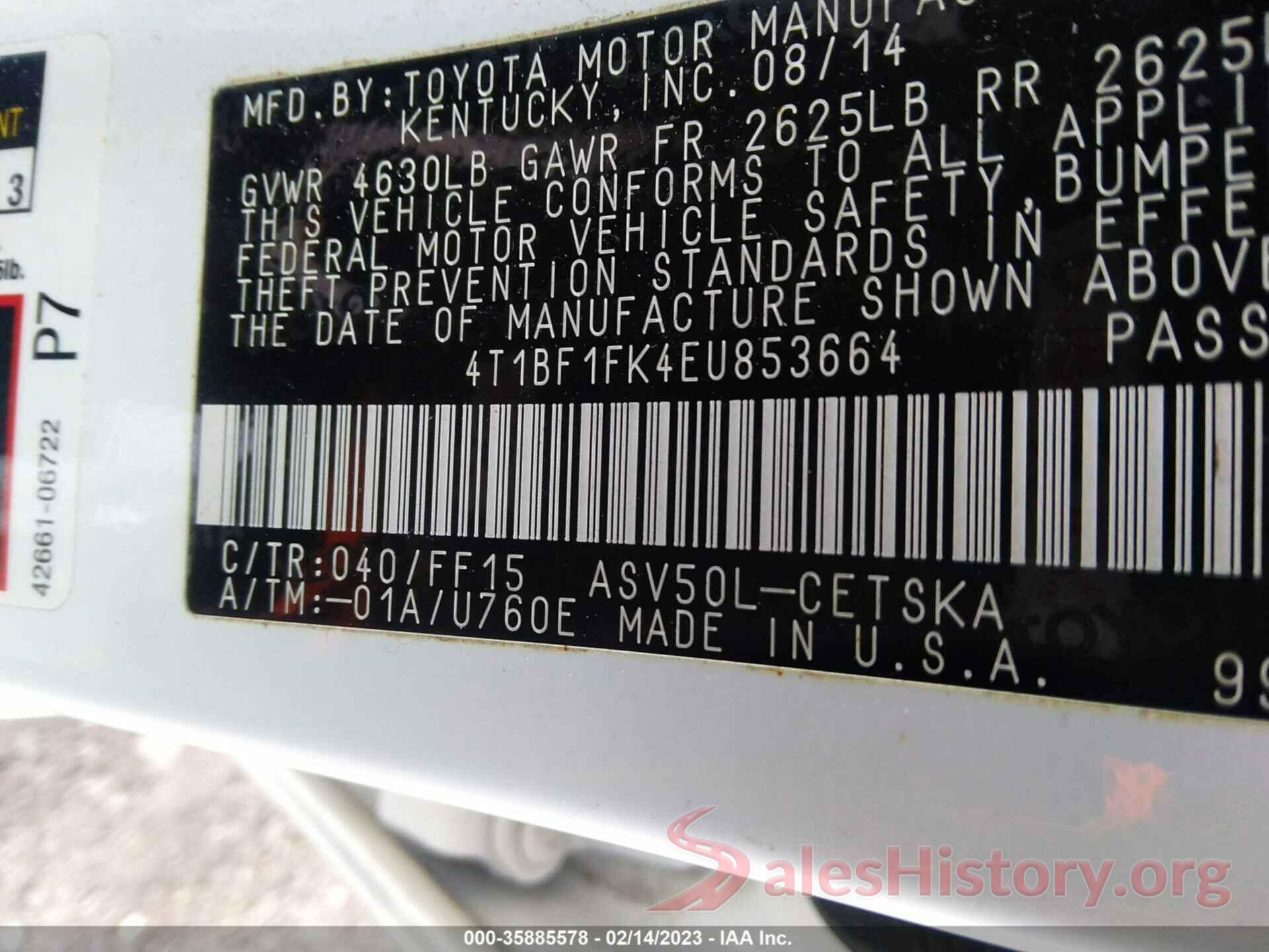 4T1BF1FK4EU853664 2014 TOYOTA CAMRY