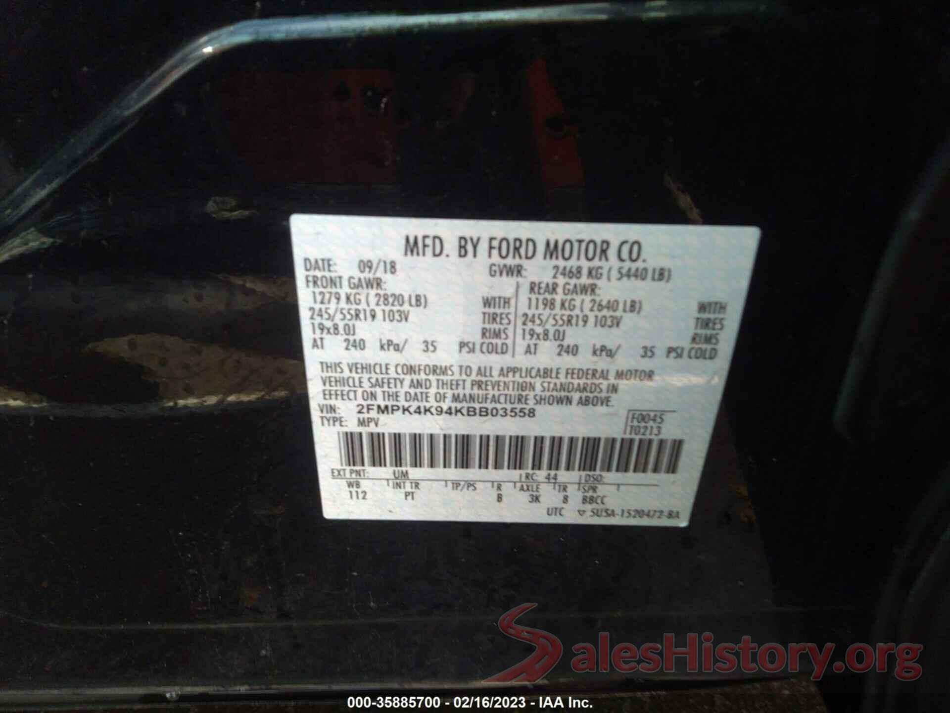 2FMPK4K94KBB03558 2019 FORD EDGE