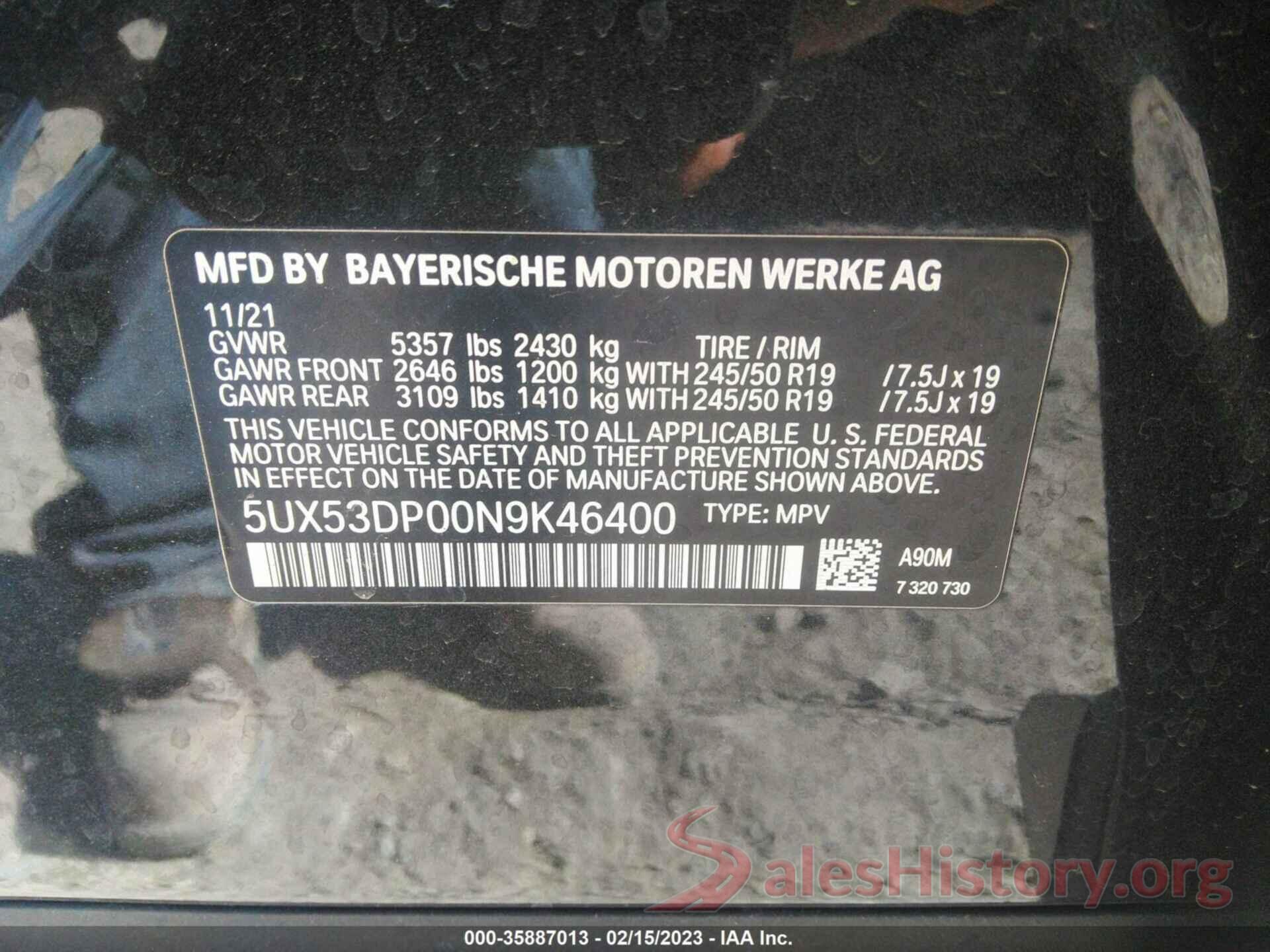 5UX53DP00N9K46400 2022 BMW X3