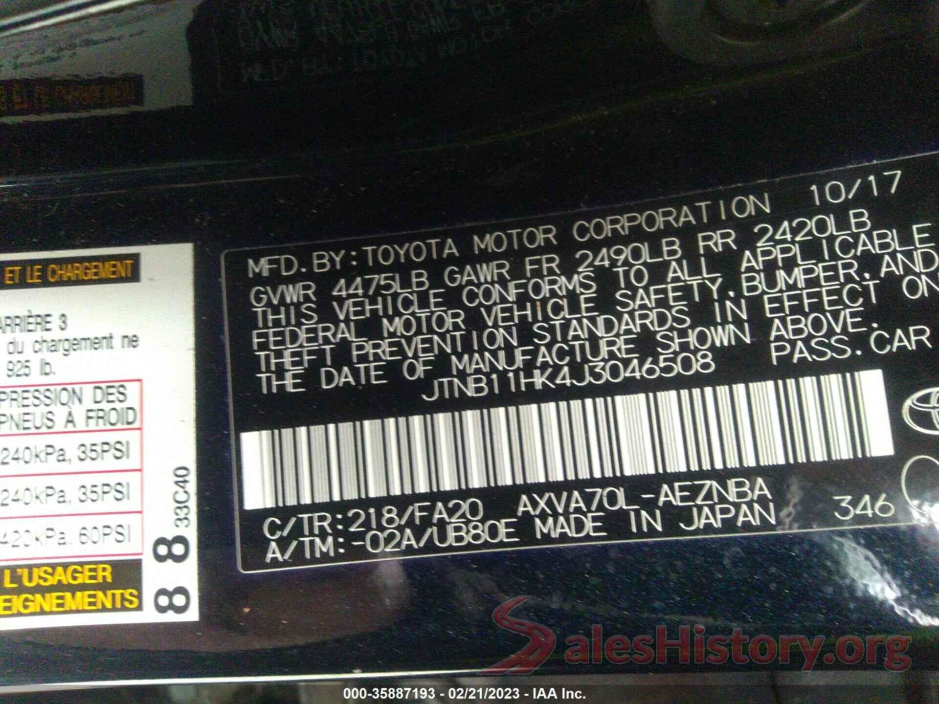 JTNB11HK4J3046508 2018 TOYOTA CAMRY