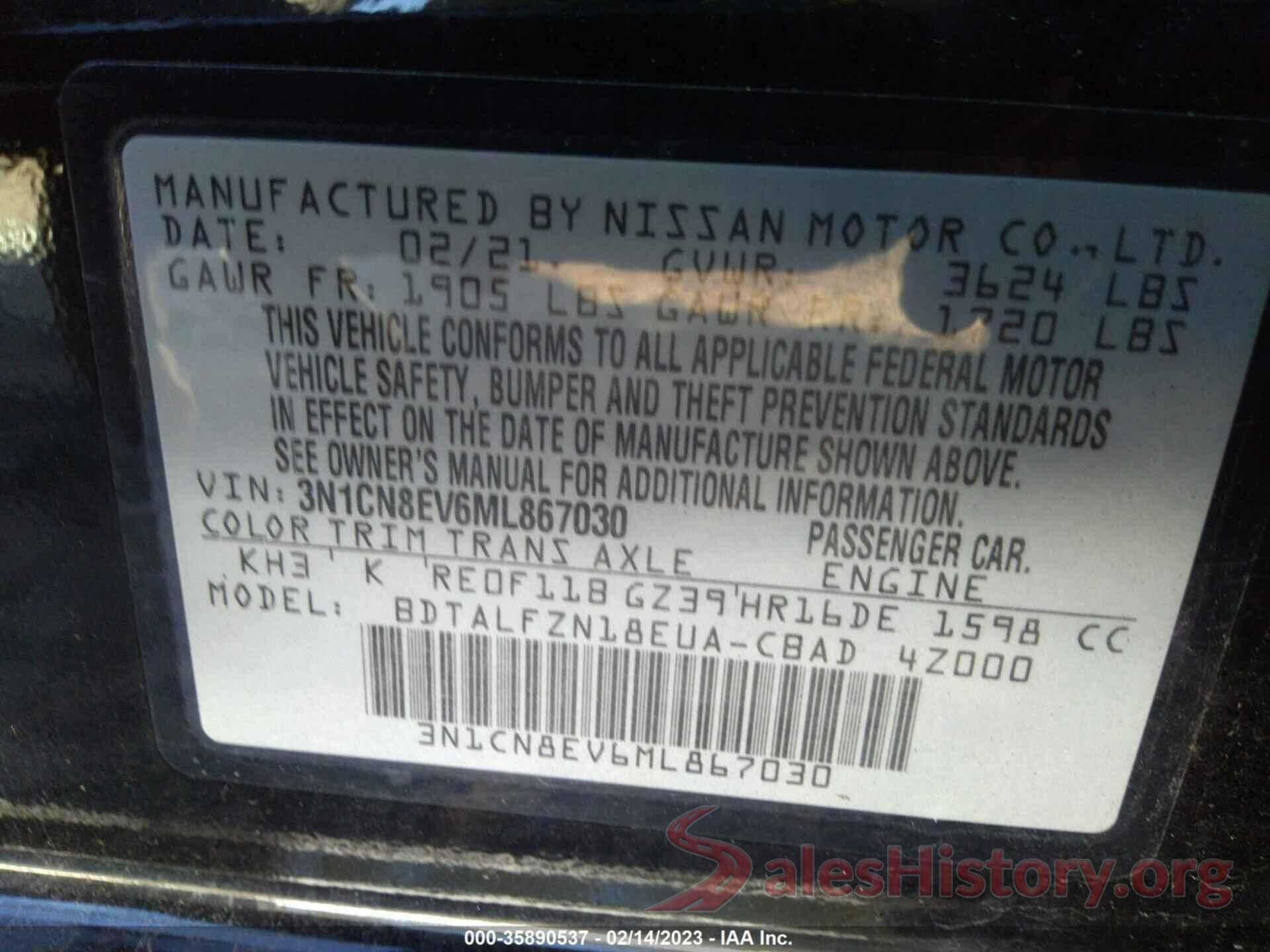 3N1CN8EV6ML867030 2021 NISSAN VERSA