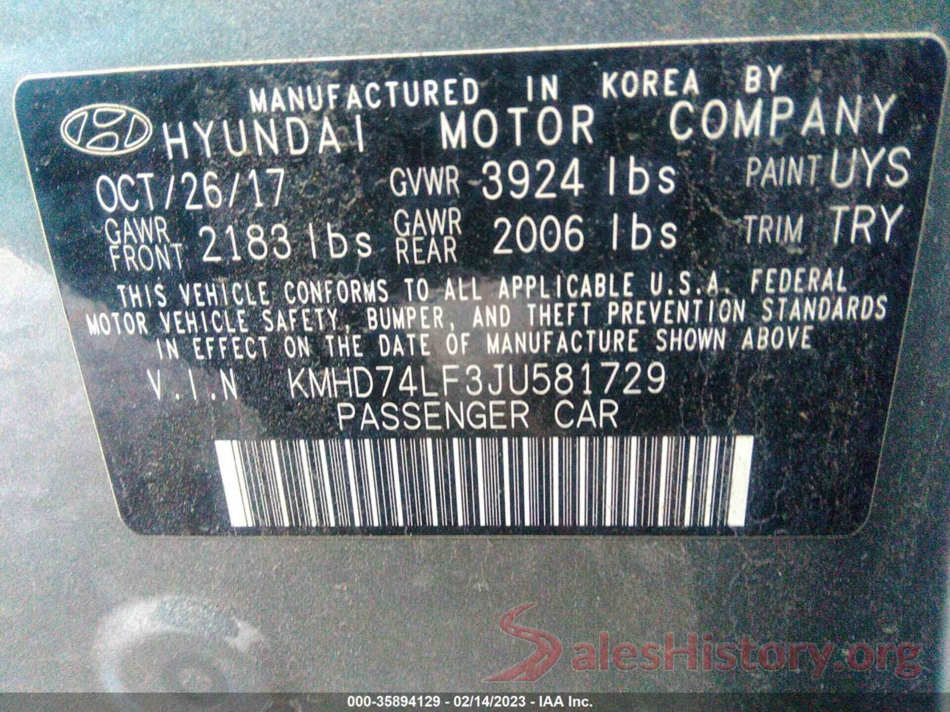 KMHD74LF3JU581729 2018 HYUNDAI ELANTRA