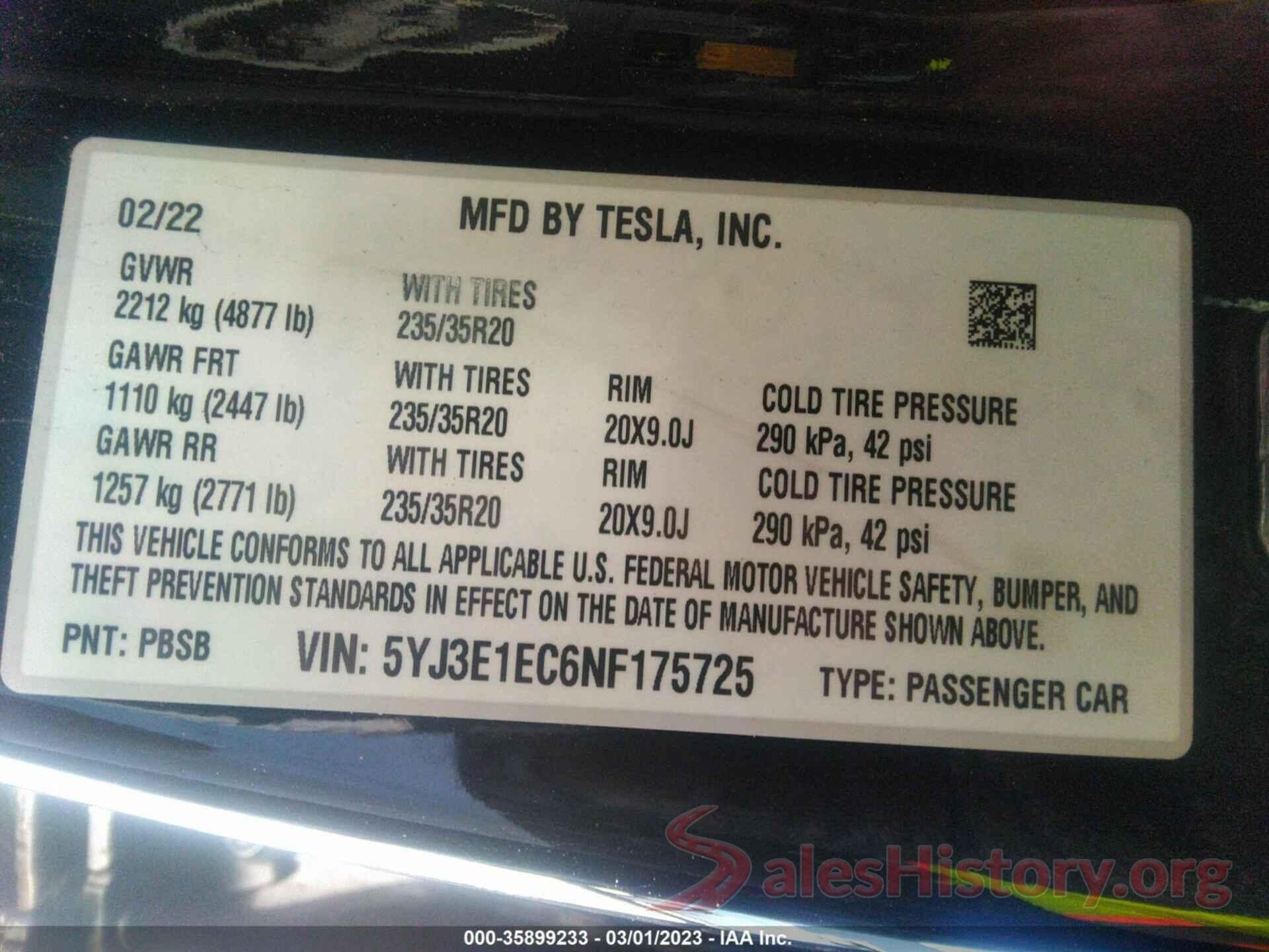 5YJ3E1EC6NF175725 2022 TESLA MODEL 3