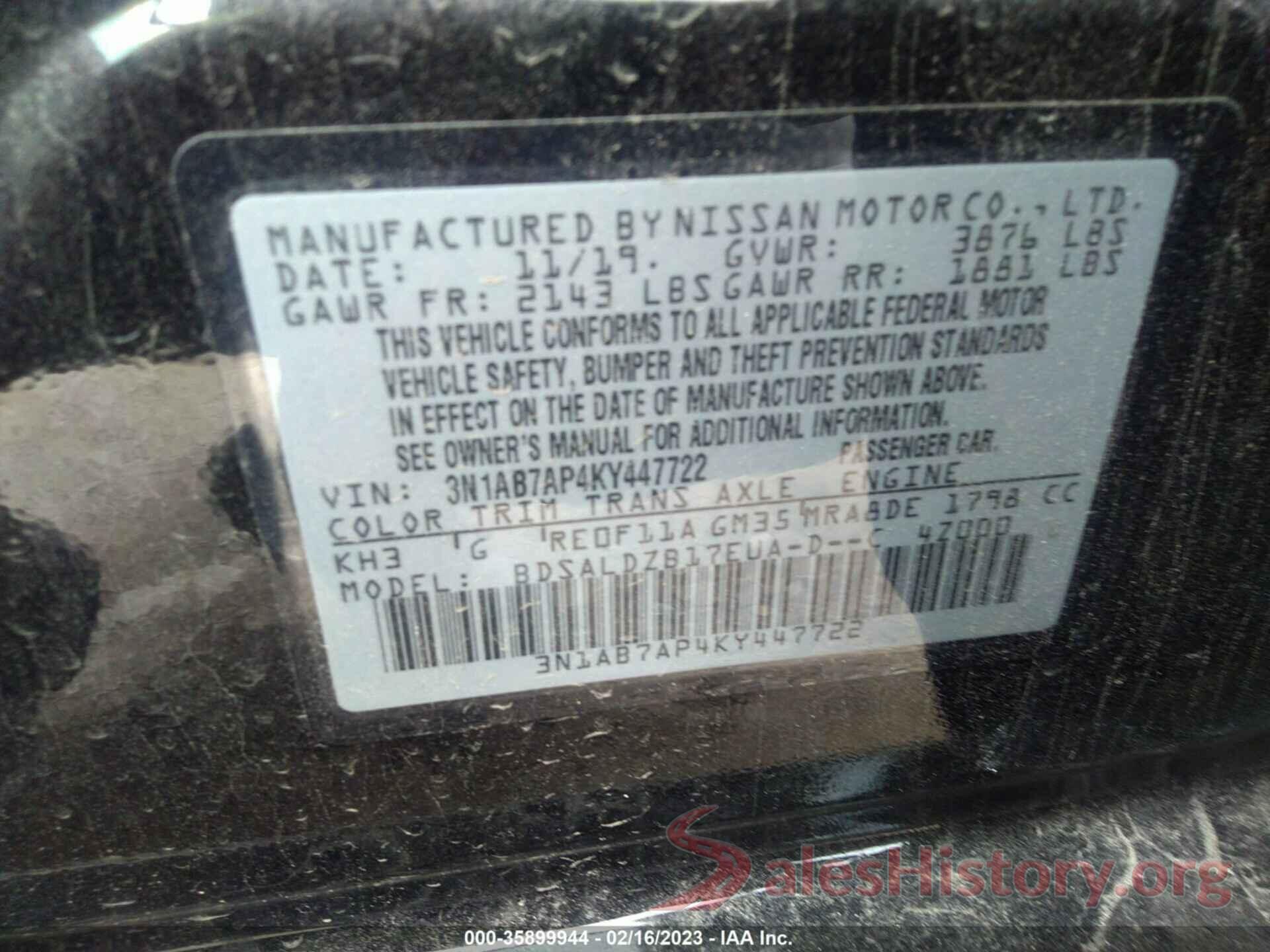 3N1AB7AP4KY447722 2019 NISSAN SENTRA