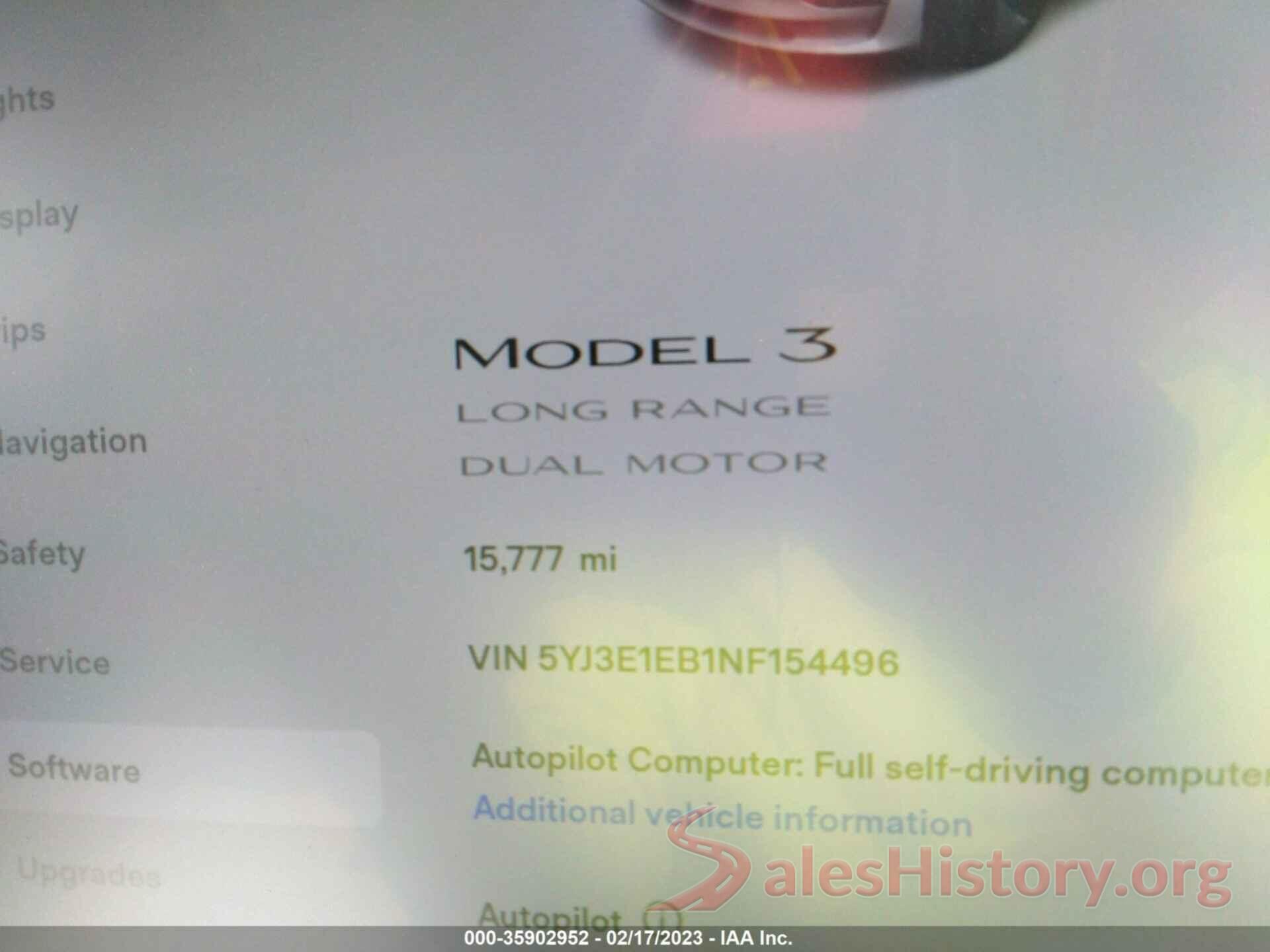 5YJ3E1EB1NF154496 2022 TESLA MODEL 3