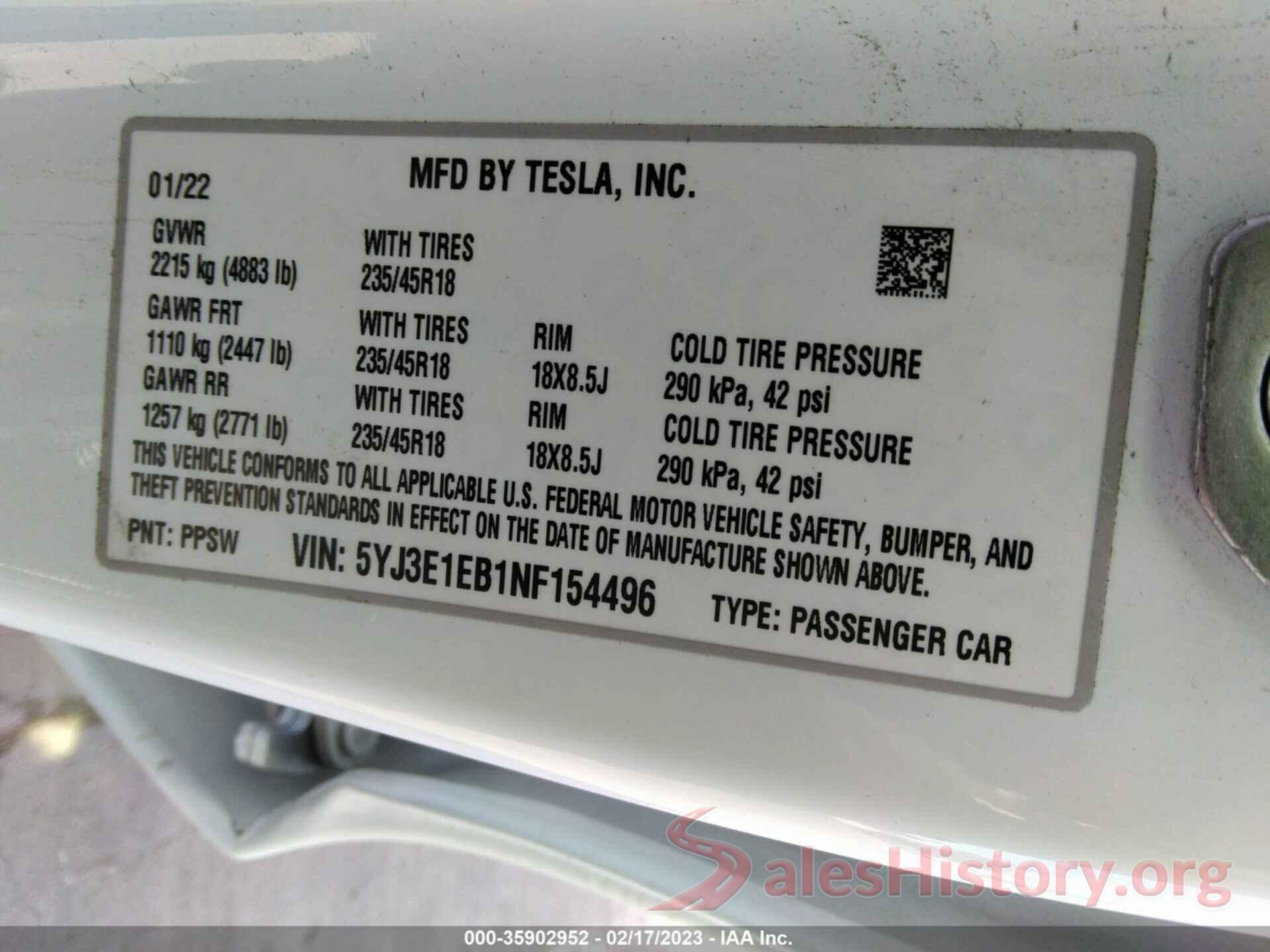 5YJ3E1EB1NF154496 2022 TESLA MODEL 3