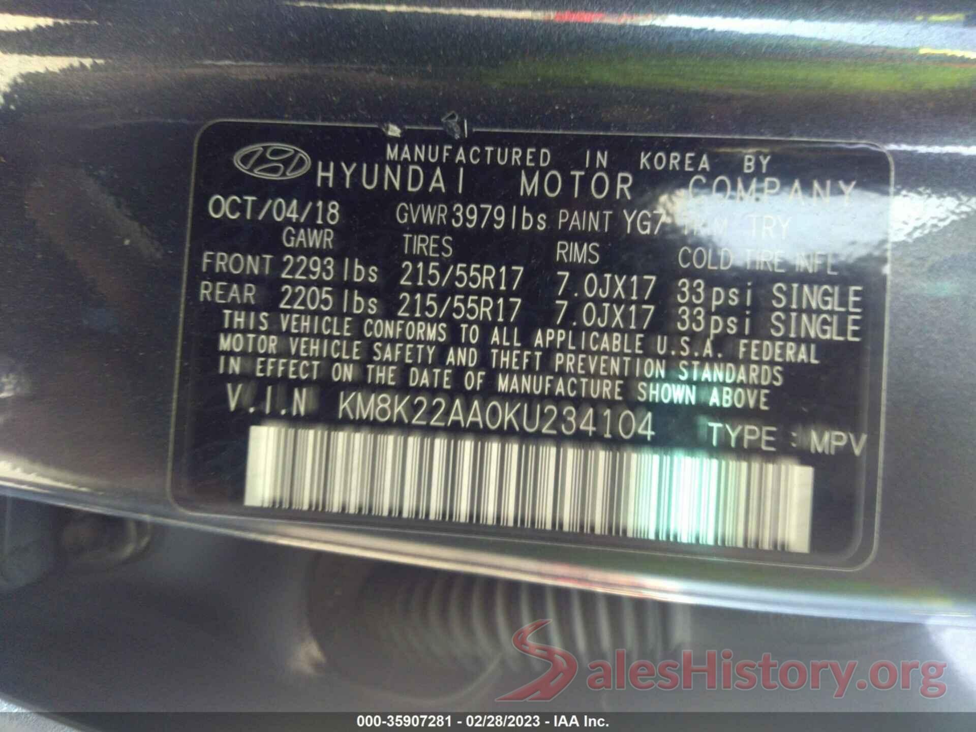 KM8K22AA0KU234104 2019 HYUNDAI KONA