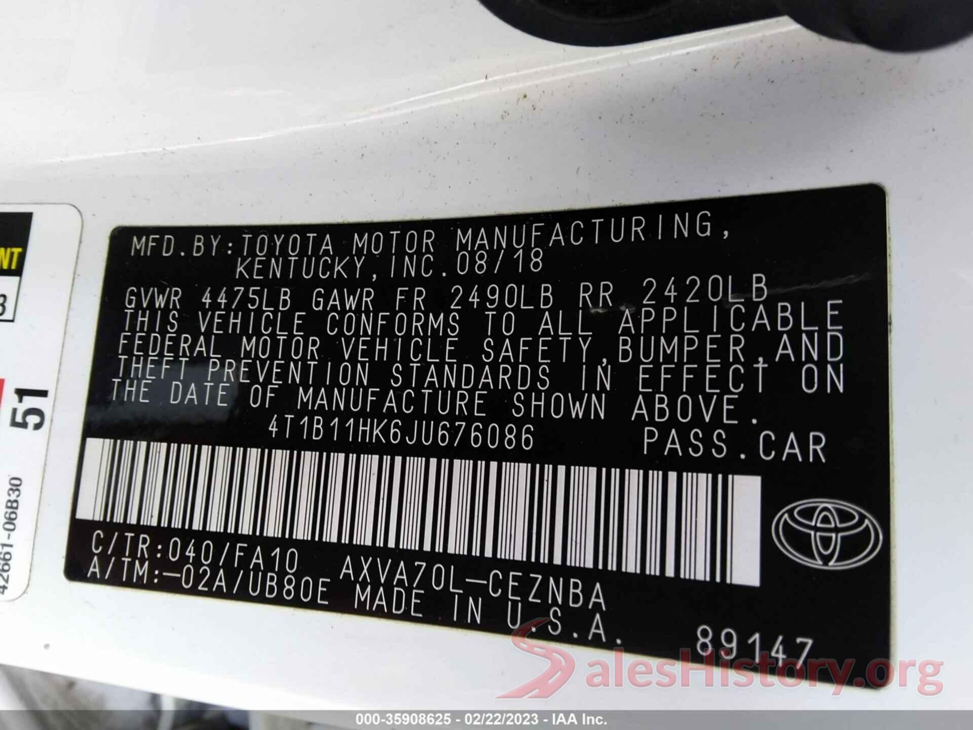 4T1B11HK6JU676086 2018 TOYOTA CAMRY