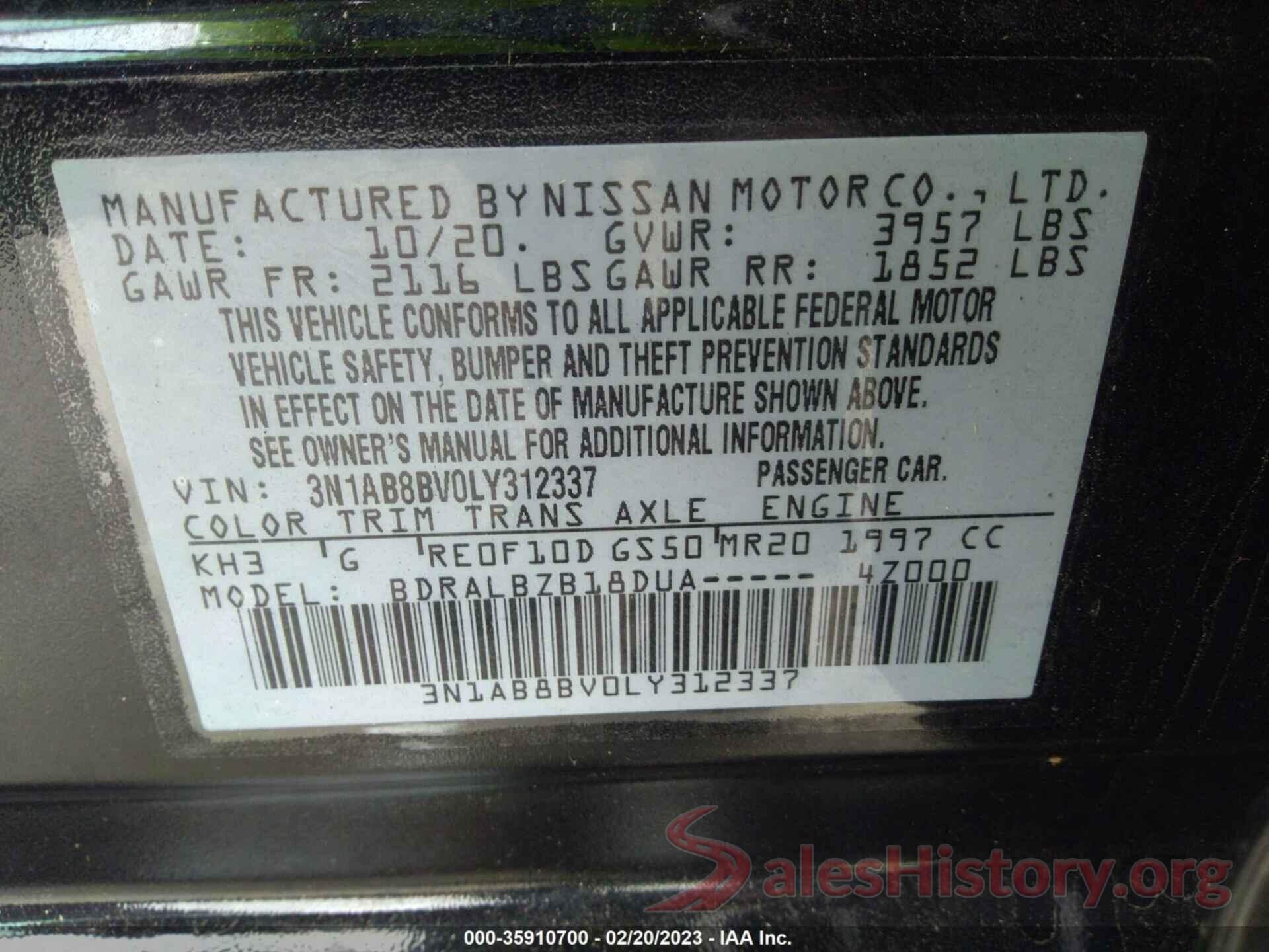 3N1AB8BV0LY312337 2020 NISSAN SENTRA