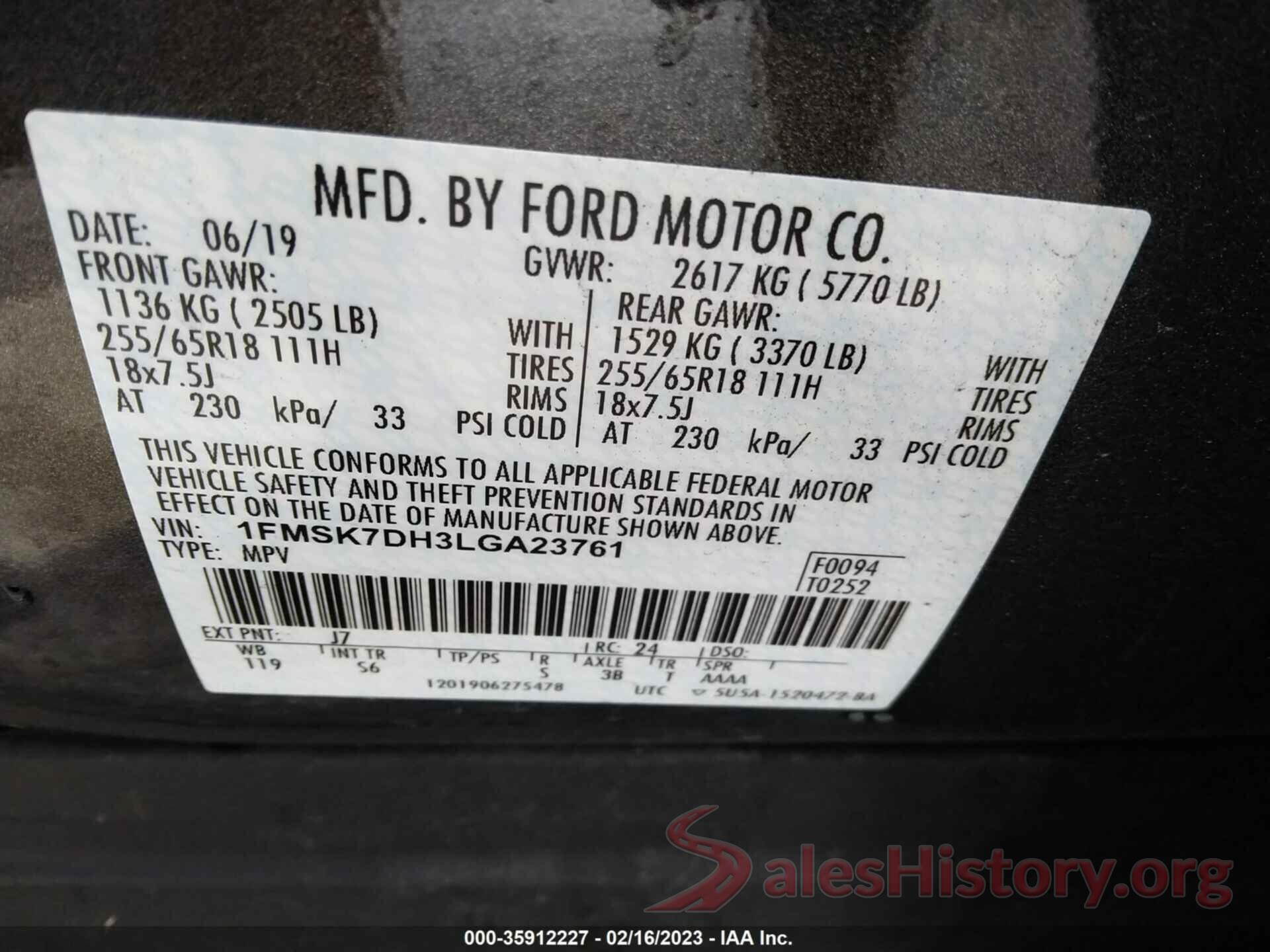 1FMSK7DH3LGA23761 2020 FORD EXPLORER