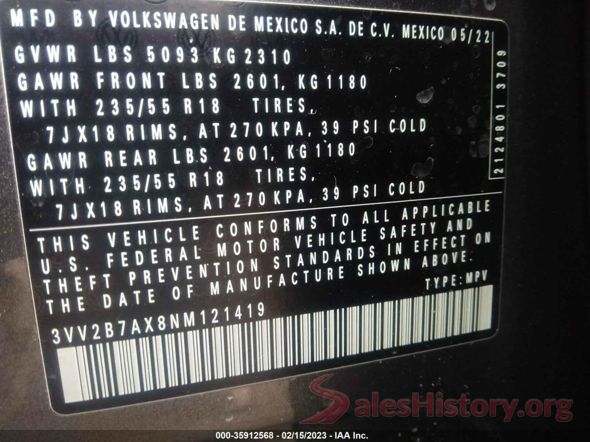 3VV2B7AX8NM121419 2022 VOLKSWAGEN TIGUAN