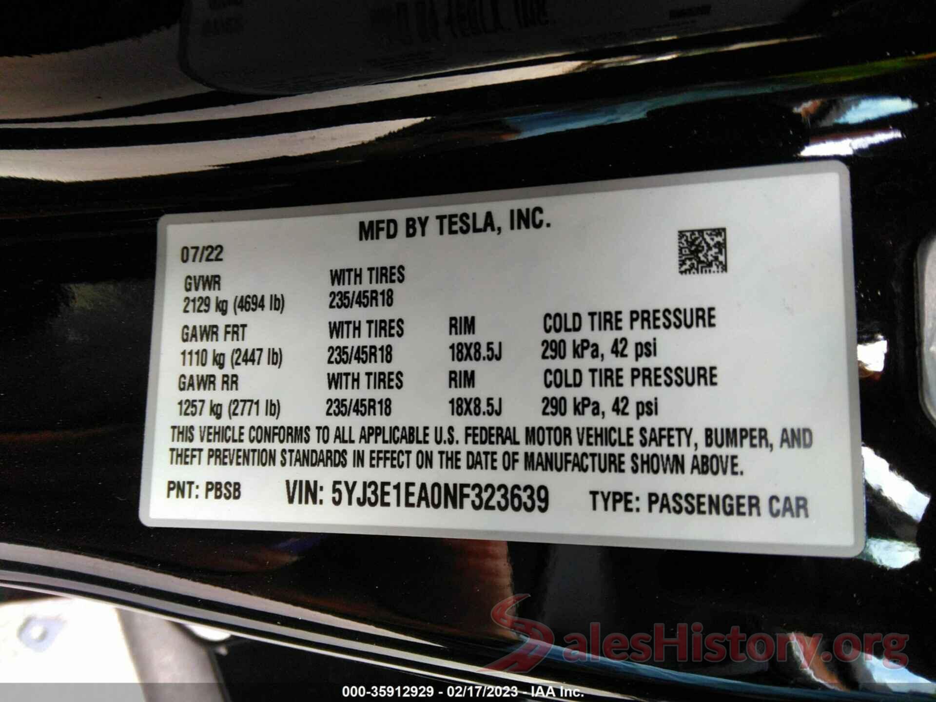 5YJ3E1EA0NF323639 2022 TESLA MODEL 3