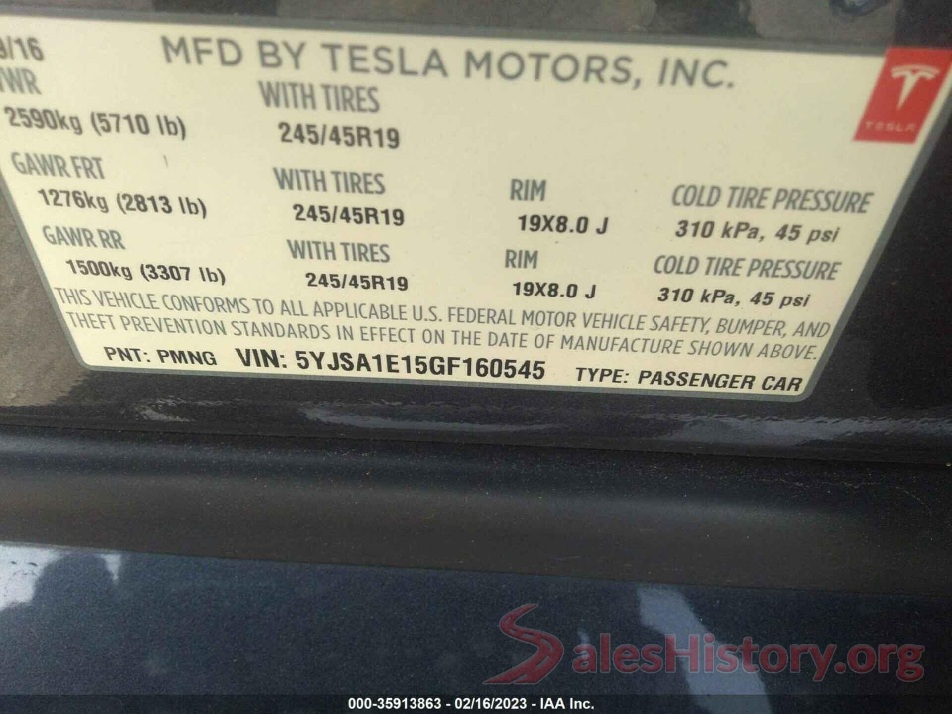 5YJSA1E15GF160545 2016 TESLA MODEL S