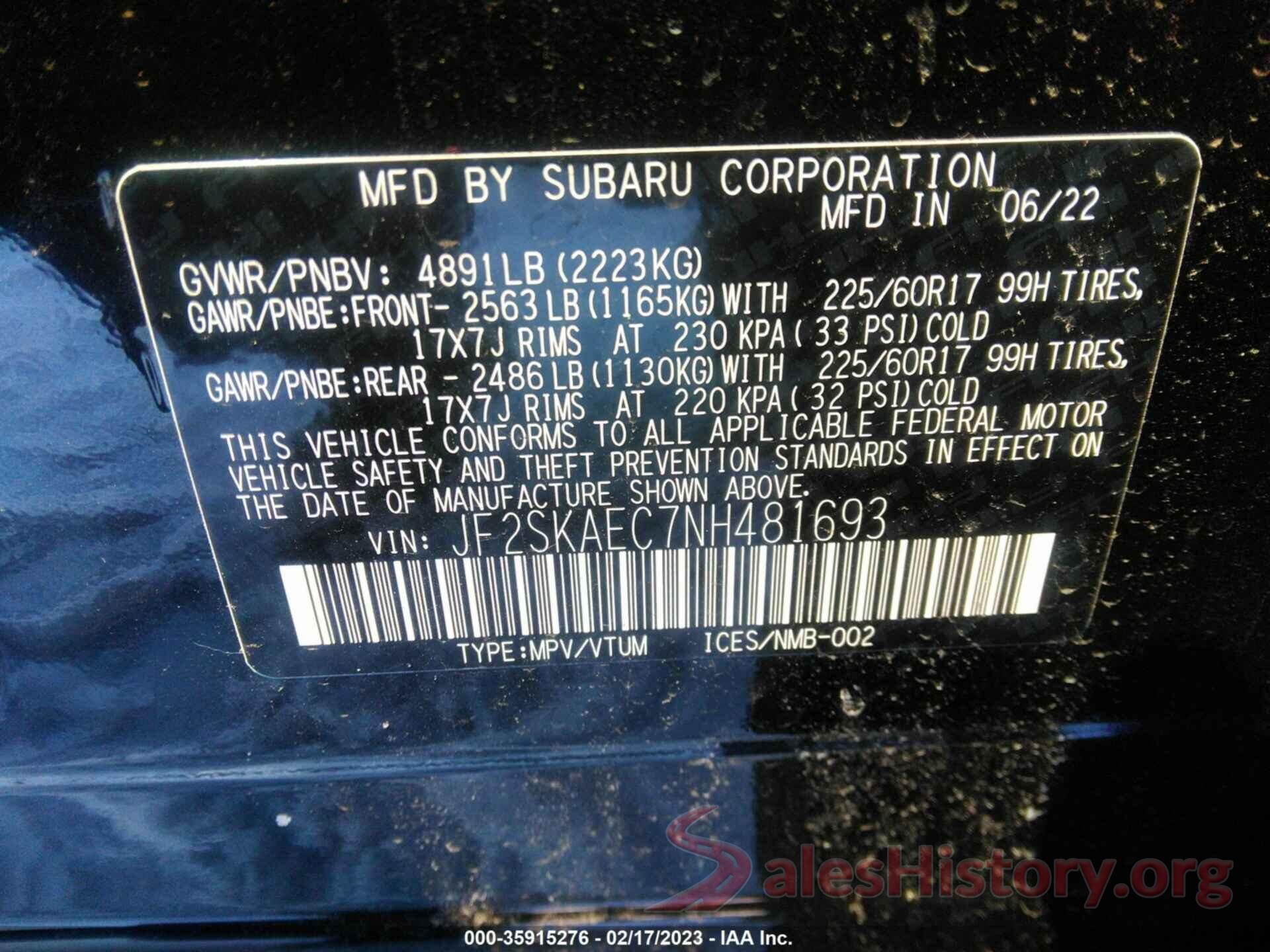 JF2SKAEC7NH481693 2022 SUBARU FORESTER