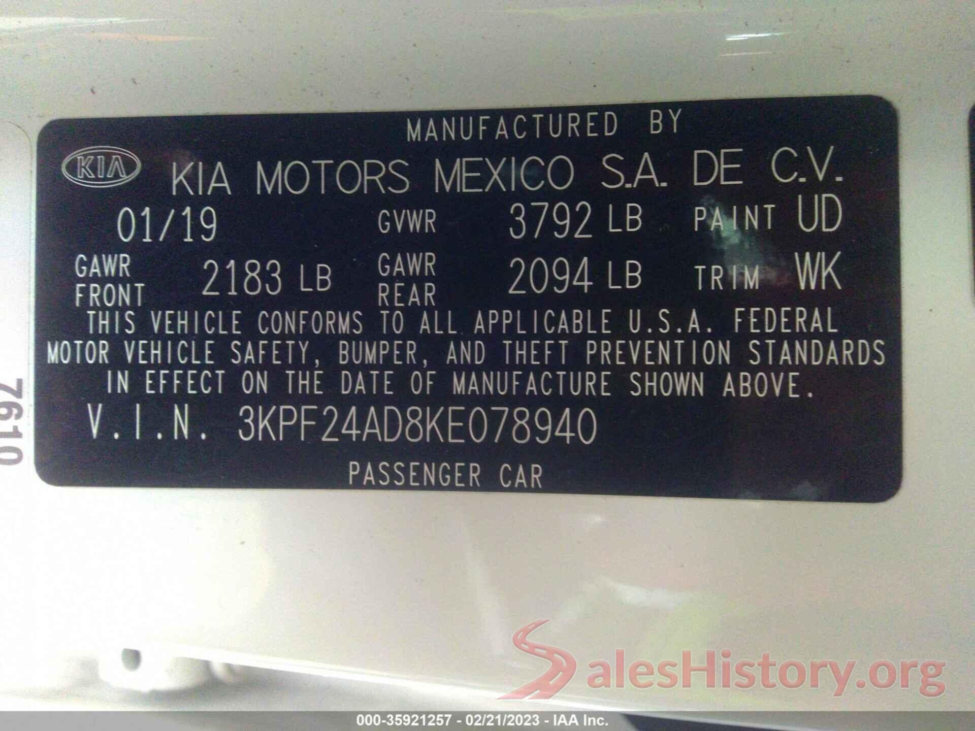 3KPF24AD8KE078940 2019 KIA FORTE