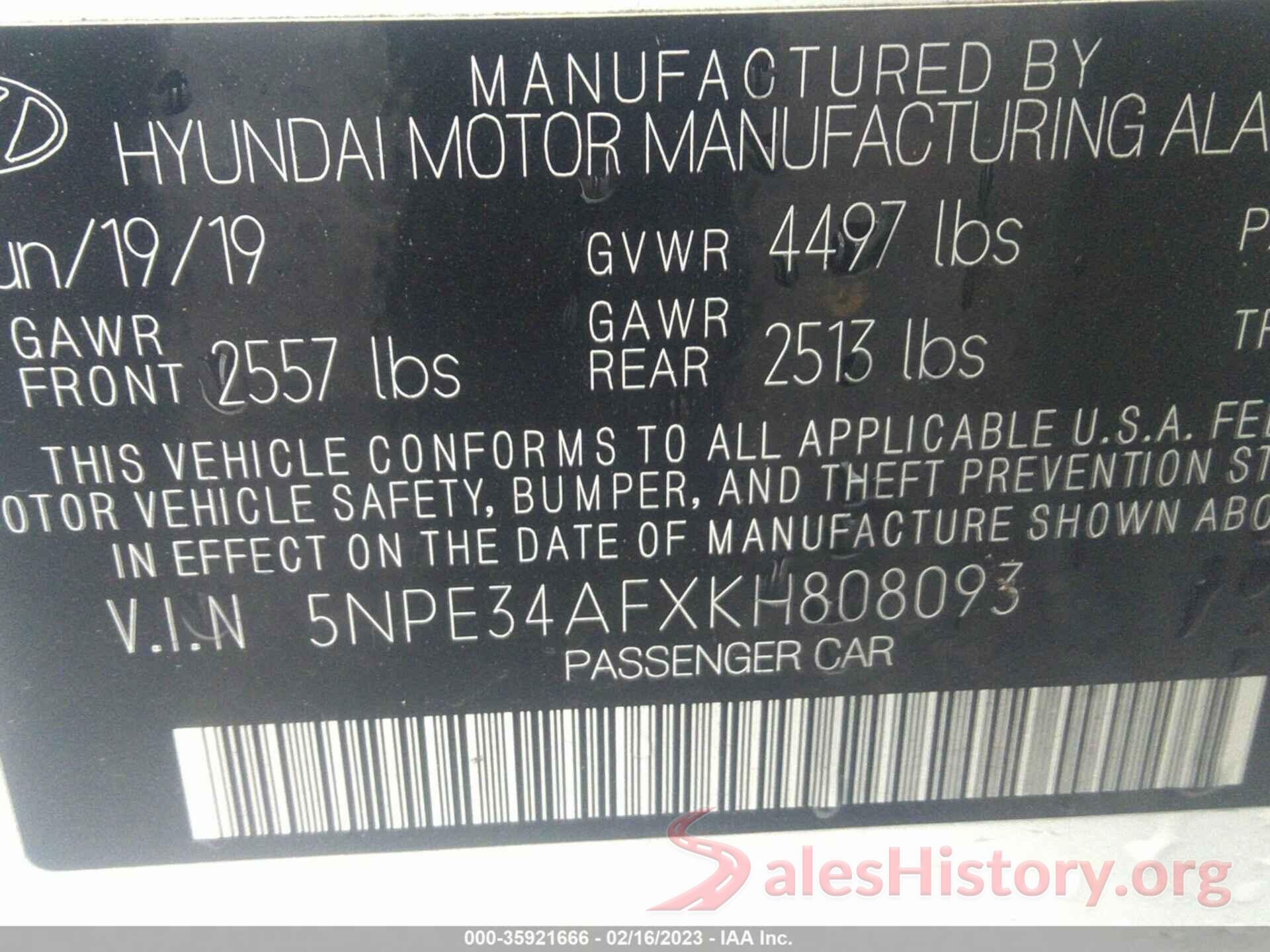 5NPE34AFXKH808093 2019 HYUNDAI SONATA