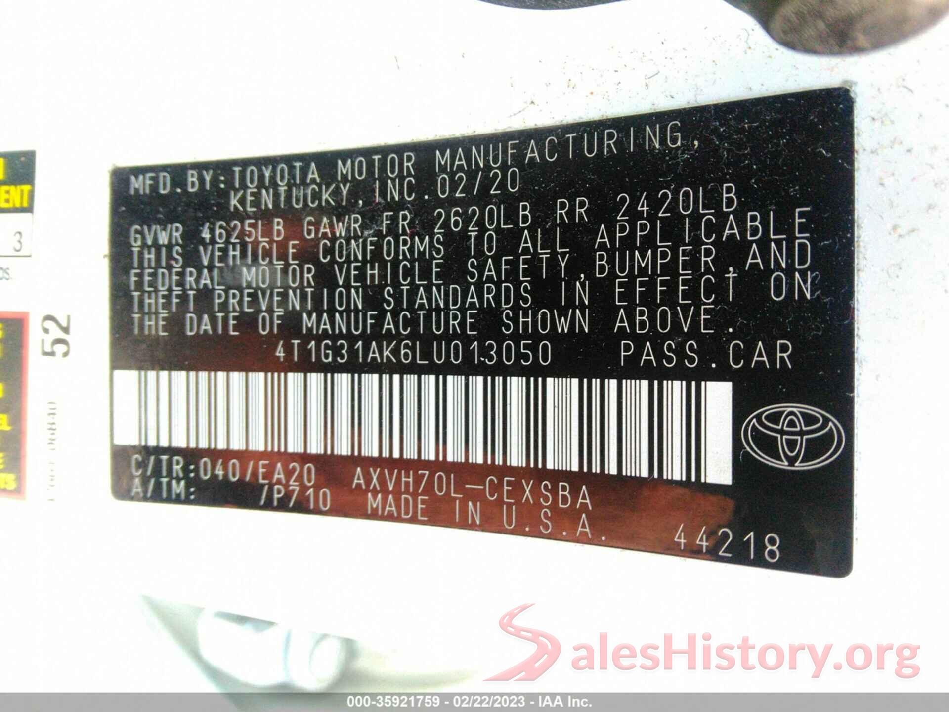 4T1G31AK6LU013050 2020 TOYOTA CAMRY