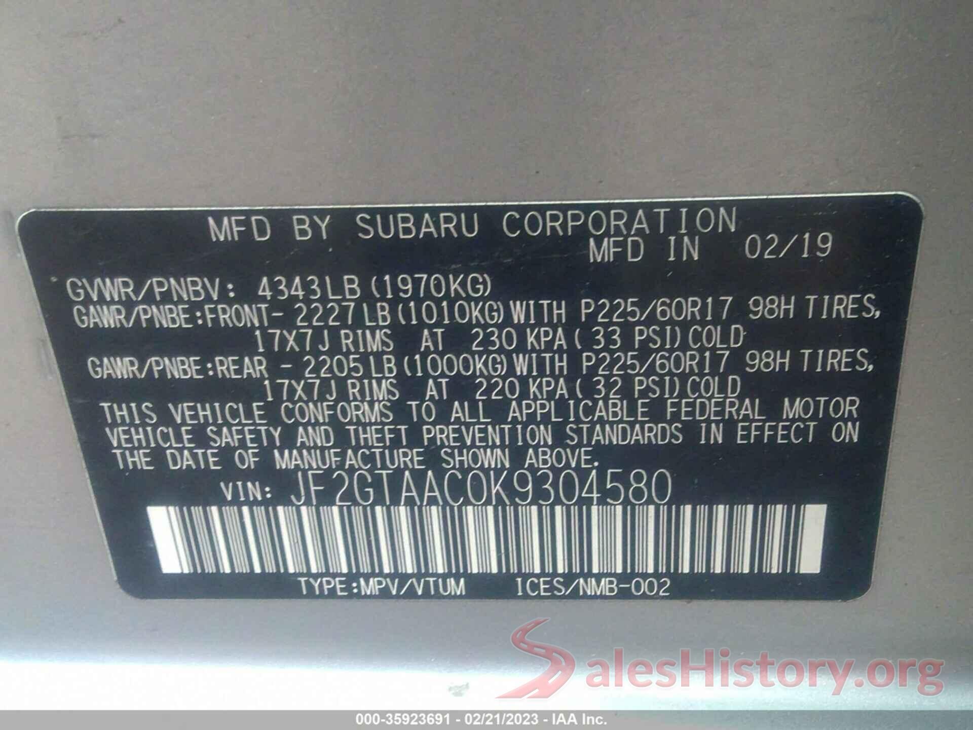 JF2GTAAC0K9304580 2019 SUBARU CROSSTREK