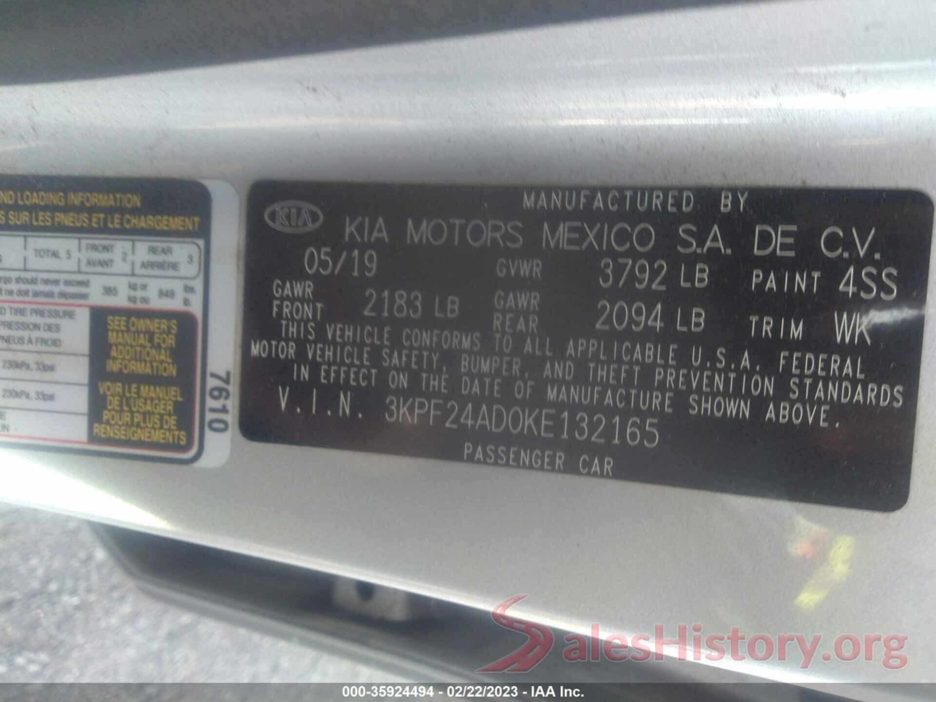 3KPF24AD0KE132165 2019 KIA FORTE