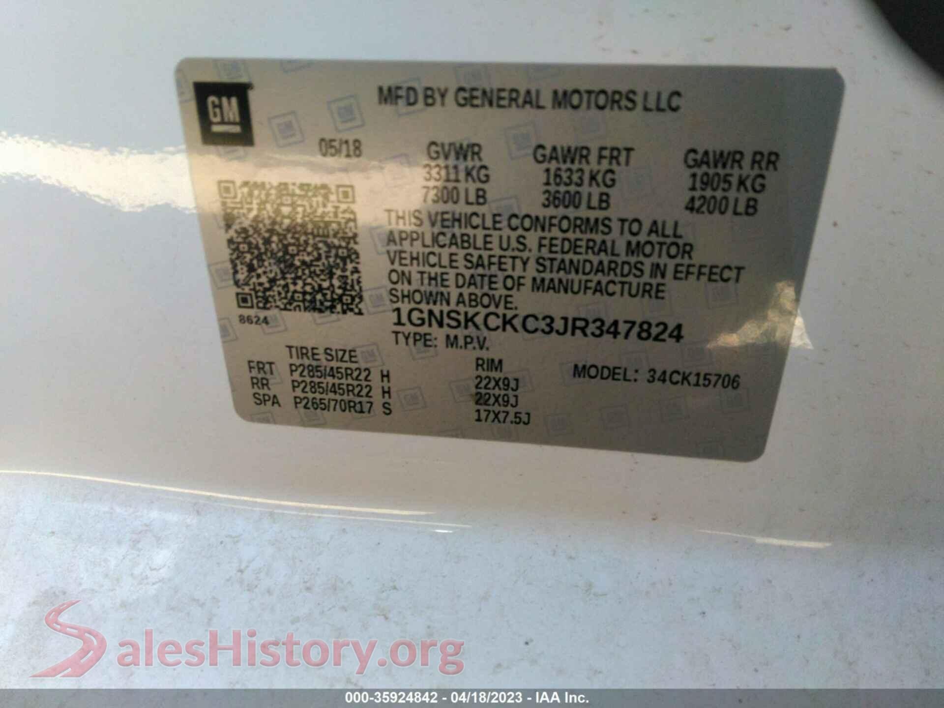2018 CHEVROLET TAHOE VIN 1GNSKCKC3JR347824, engine bay