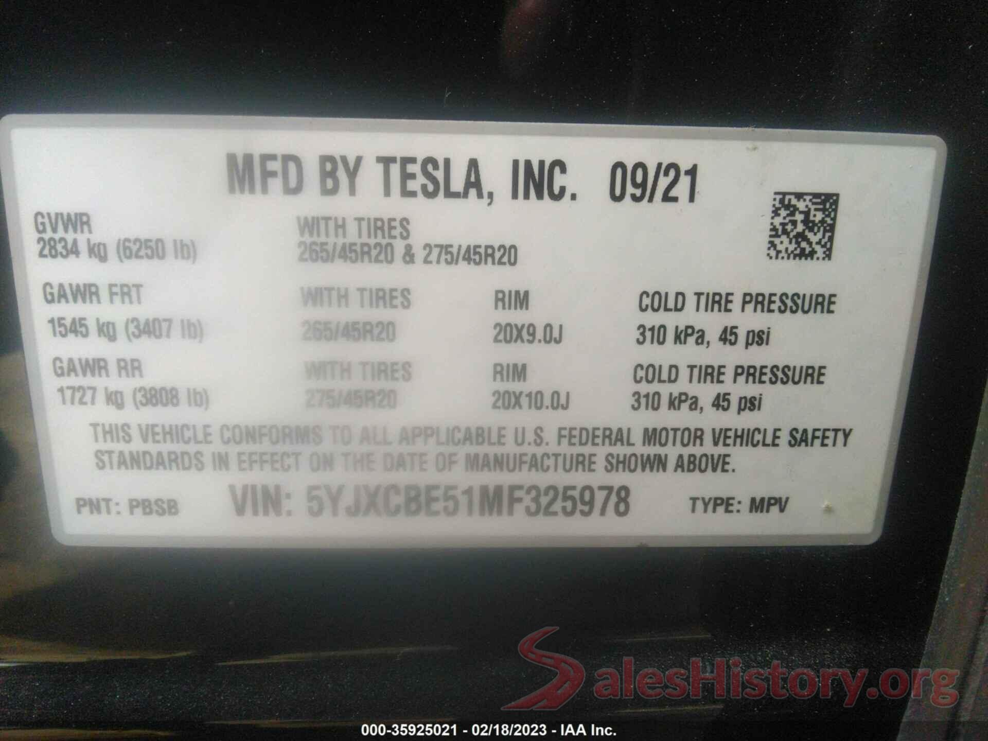 5YJXCBE51MF325978 2021 TESLA MODEL X