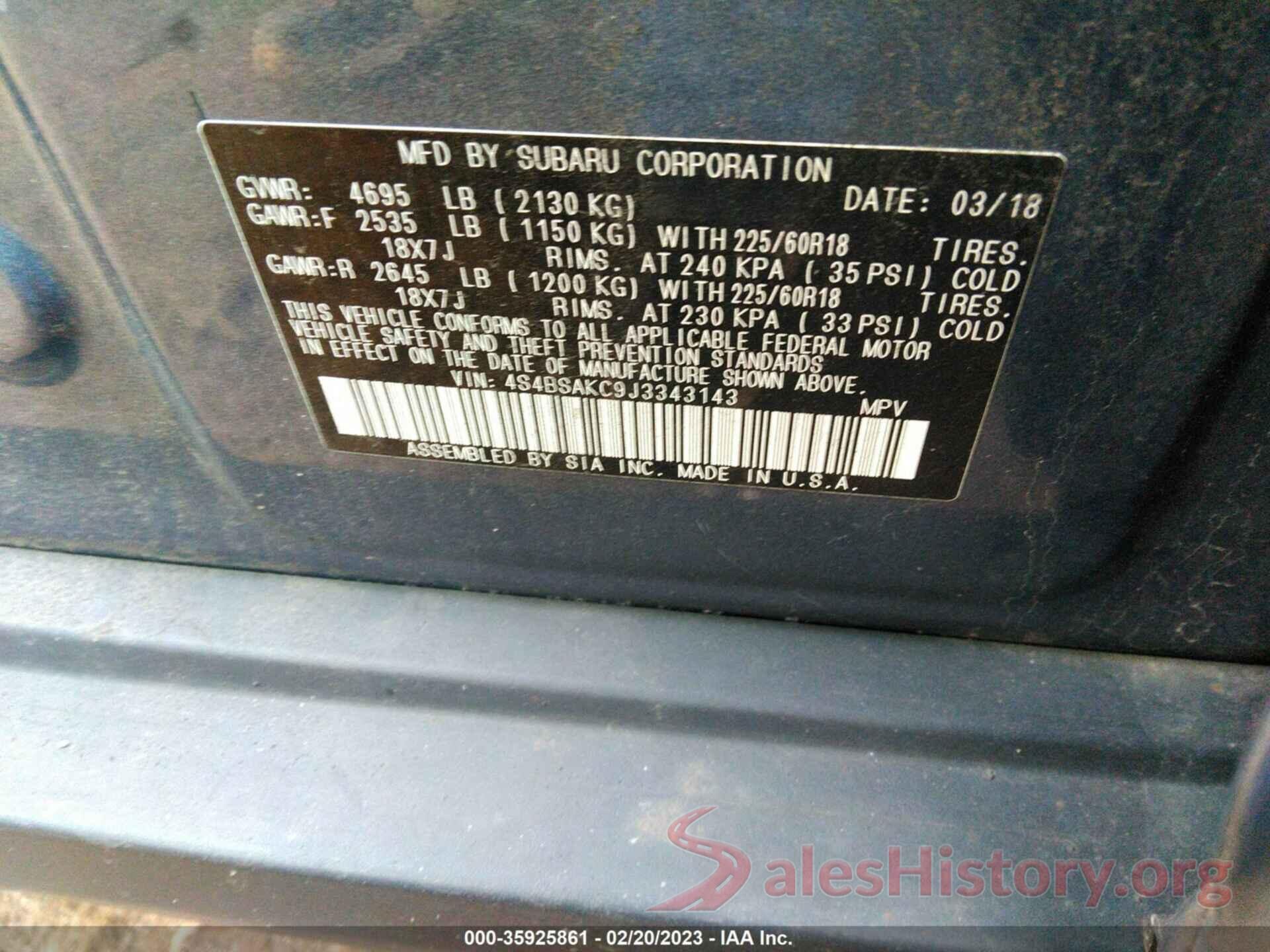 4S4BSAKC9J3343143 2018 SUBARU OUTBACK