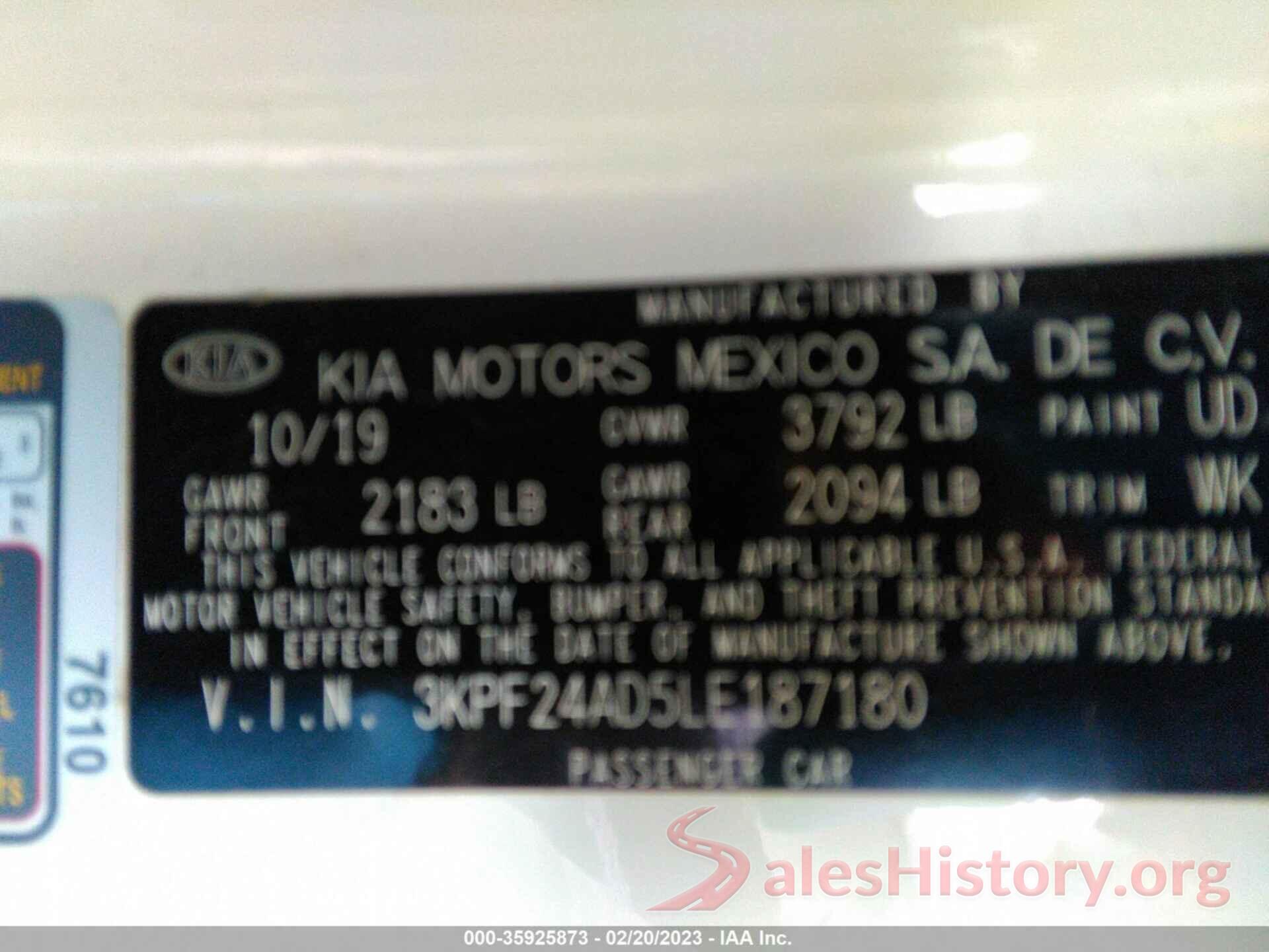 3KPF24AD5LE187180 2020 KIA FORTE