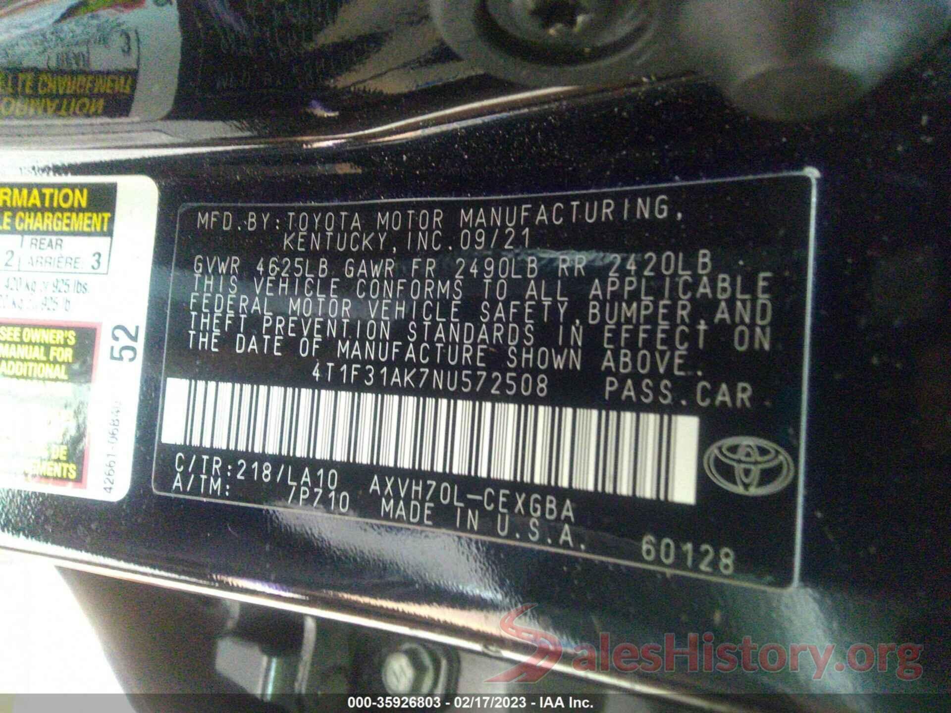 4T1F31AK7NU572508 2022 TOYOTA CAMRY