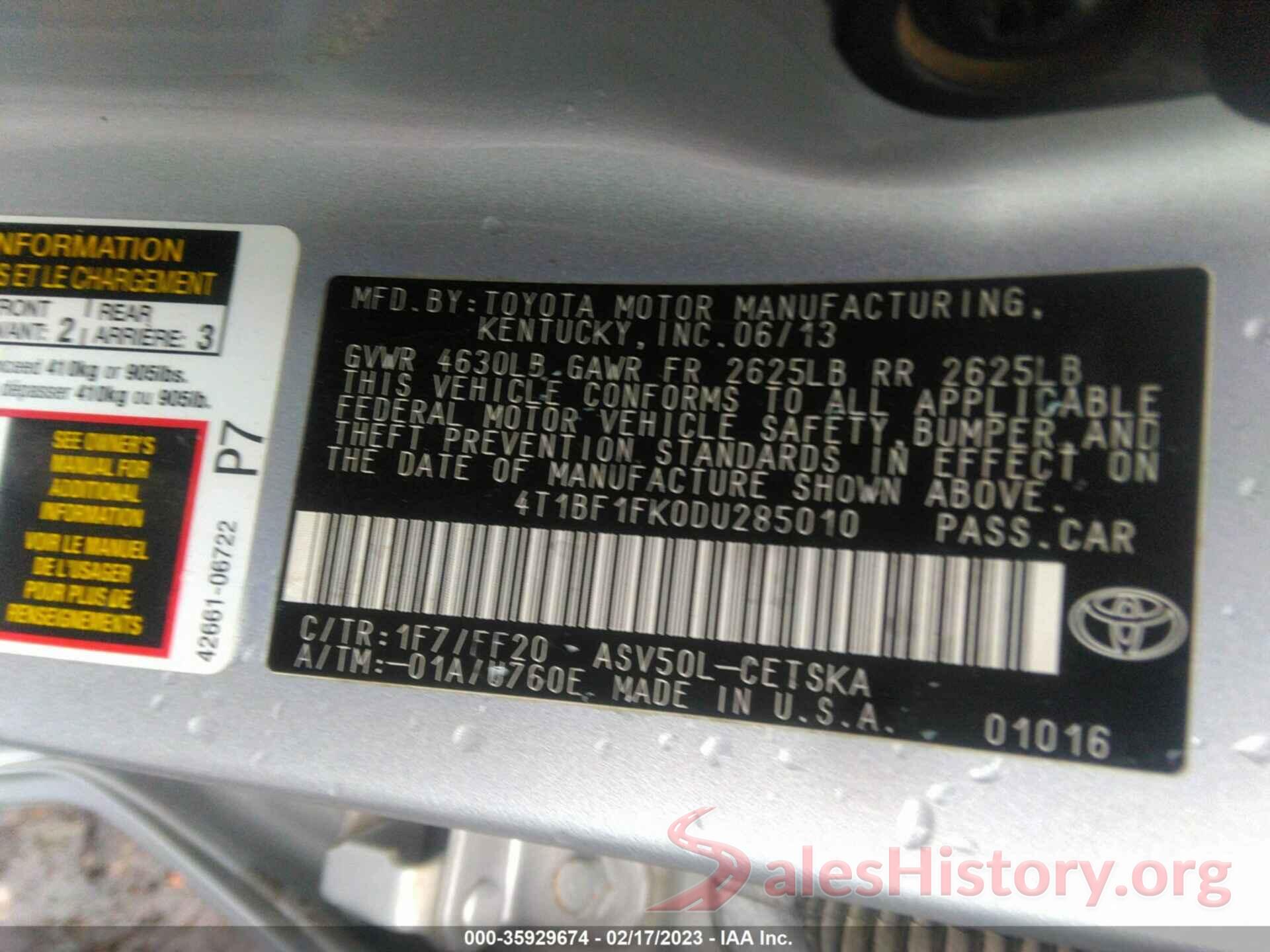 4T1BF1FK0DU285010 2013 TOYOTA CAMRY