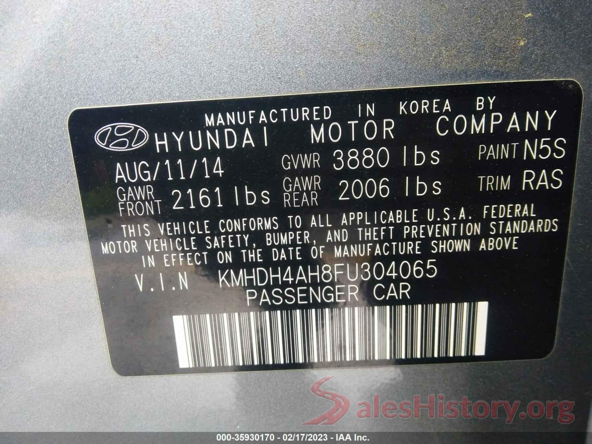 KMHDH4AH8FU304065 2015 HYUNDAI ELANTRA