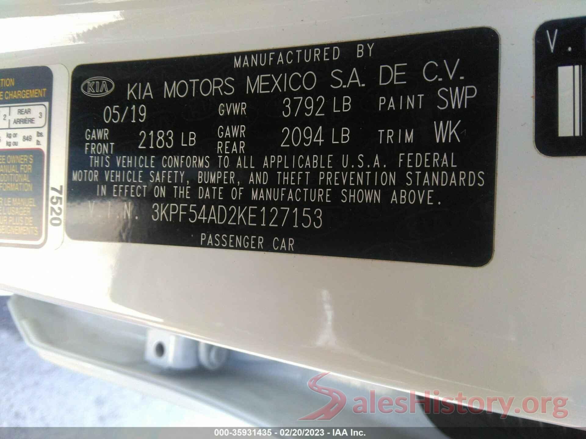 3KPF54AD2KE127153 2019 KIA FORTE