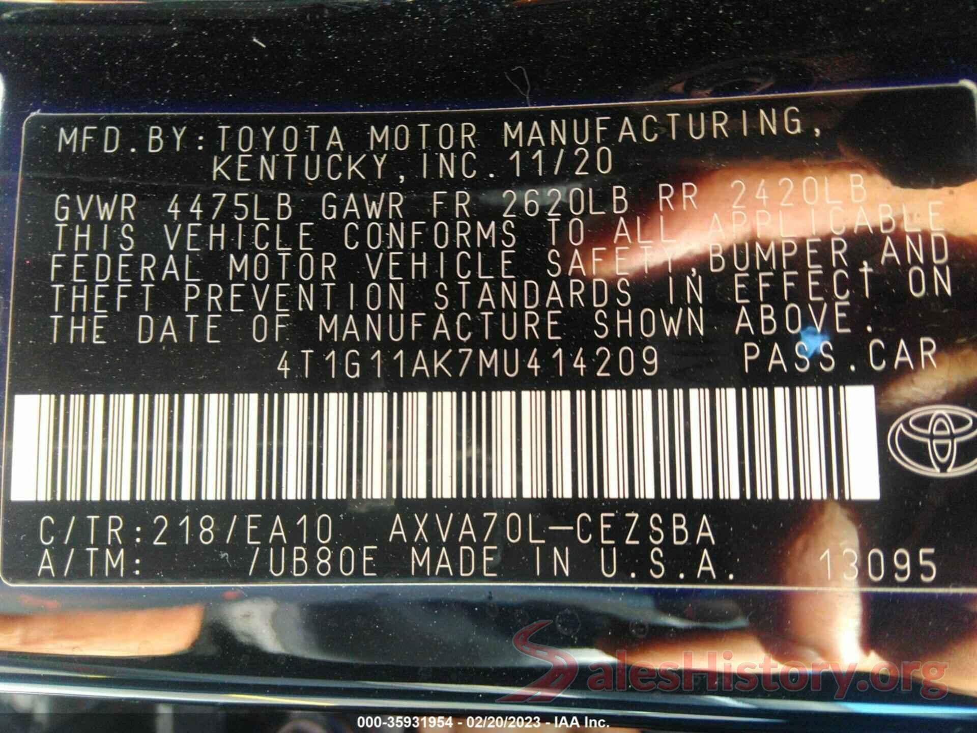 4T1G11AK7MU414209 2021 TOYOTA CAMRY