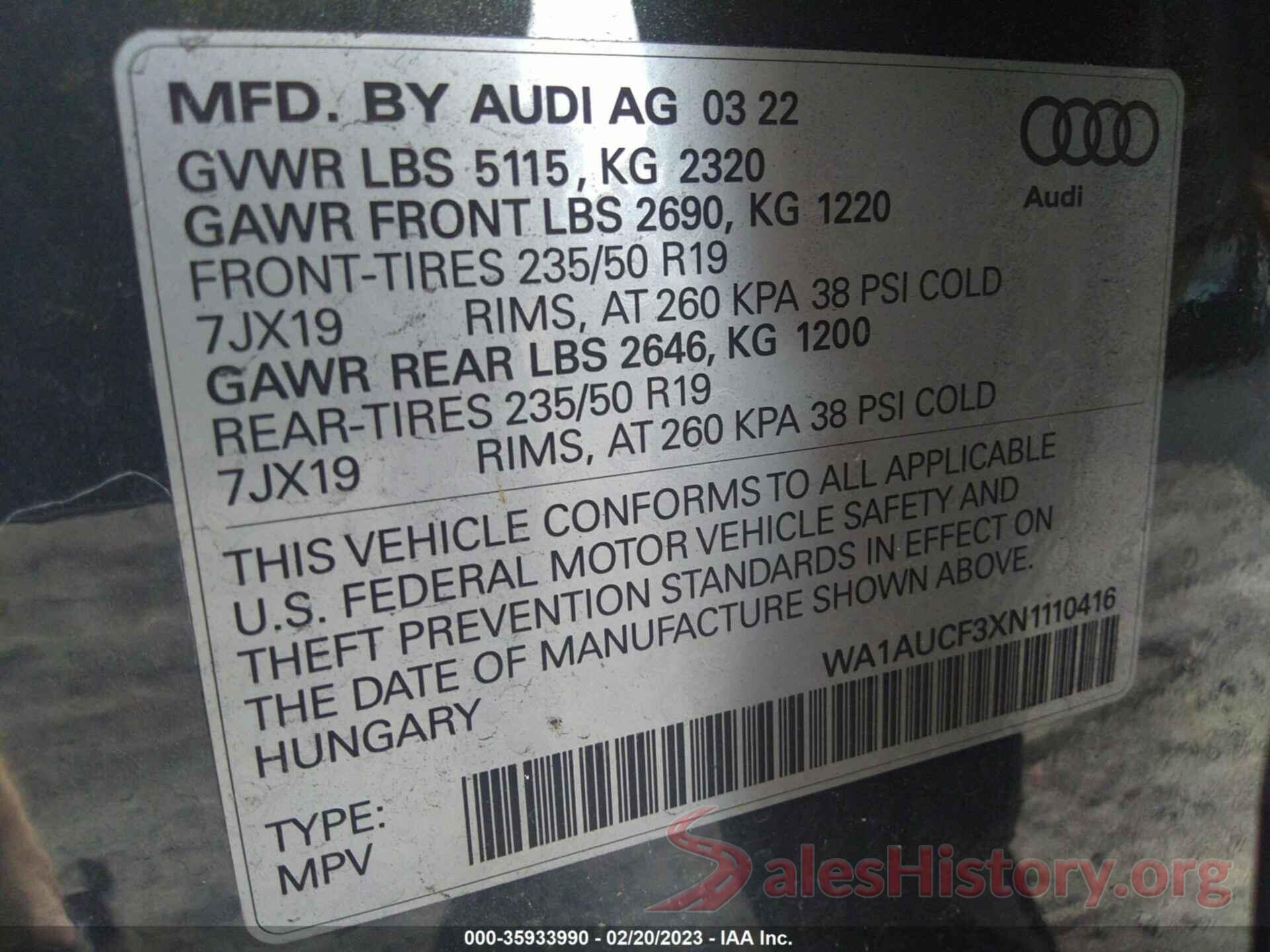 WA1AUCF3XN1110416 2022 AUDI Q3