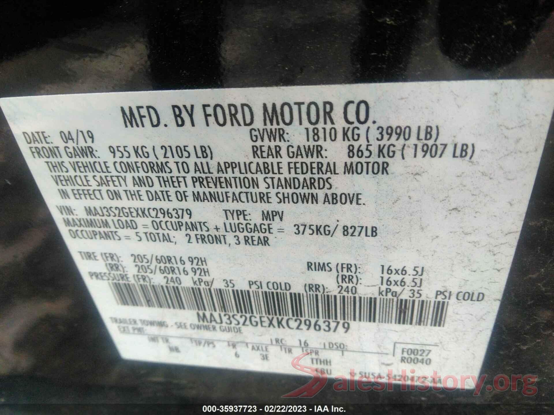 MAJ3S2GEXKC296379 2019 FORD ECOSPORT