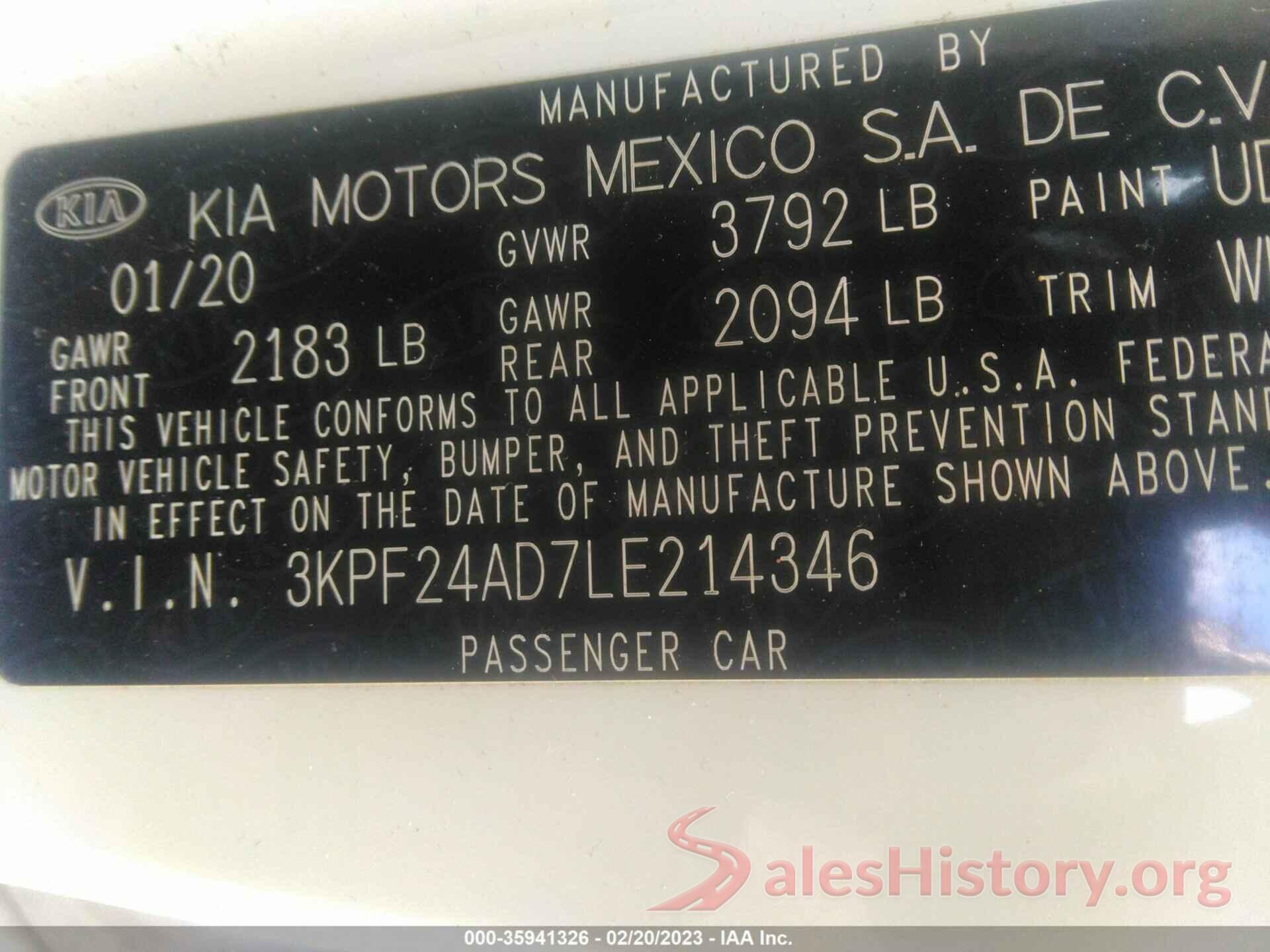 3KPF24AD7LE214346 2020 KIA FORTE