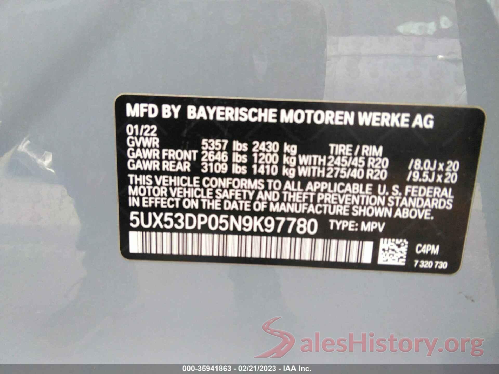 5UX53DP05N9K97780 2022 BMW X3