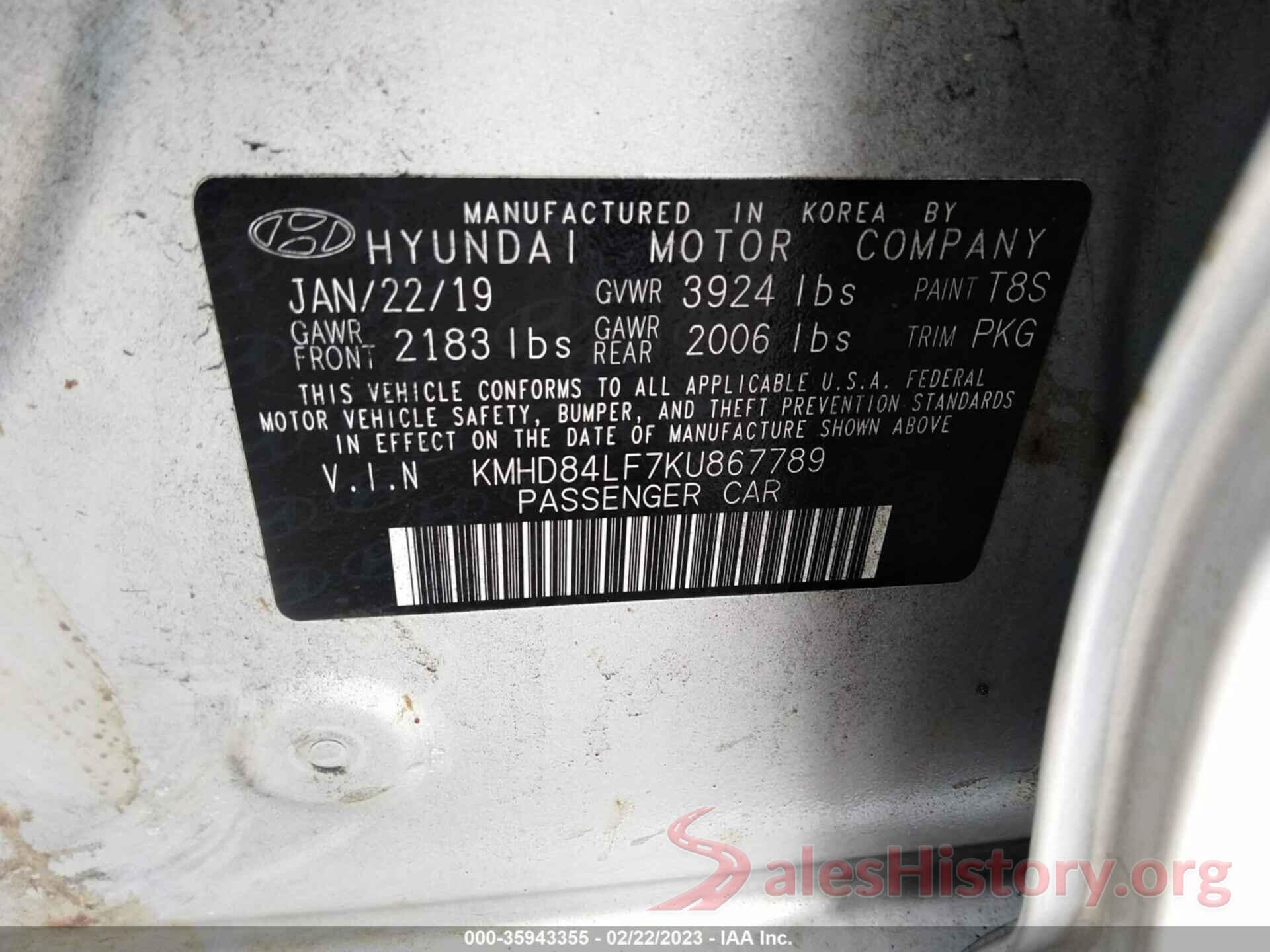 KMHD84LF7KU867789 2019 HYUNDAI ELANTRA