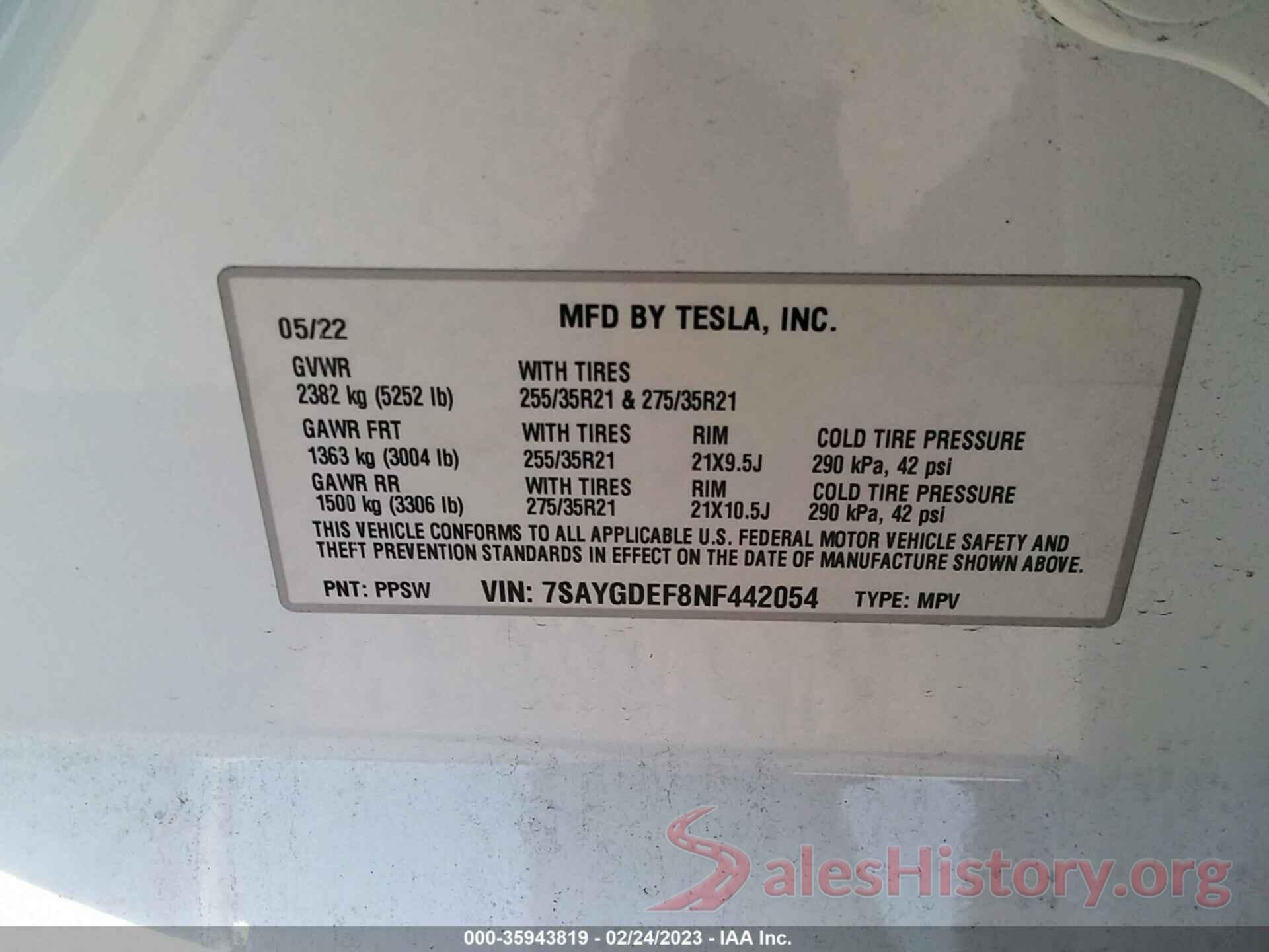 7SAYGDEF8NF442054 2022 TESLA MODEL Y