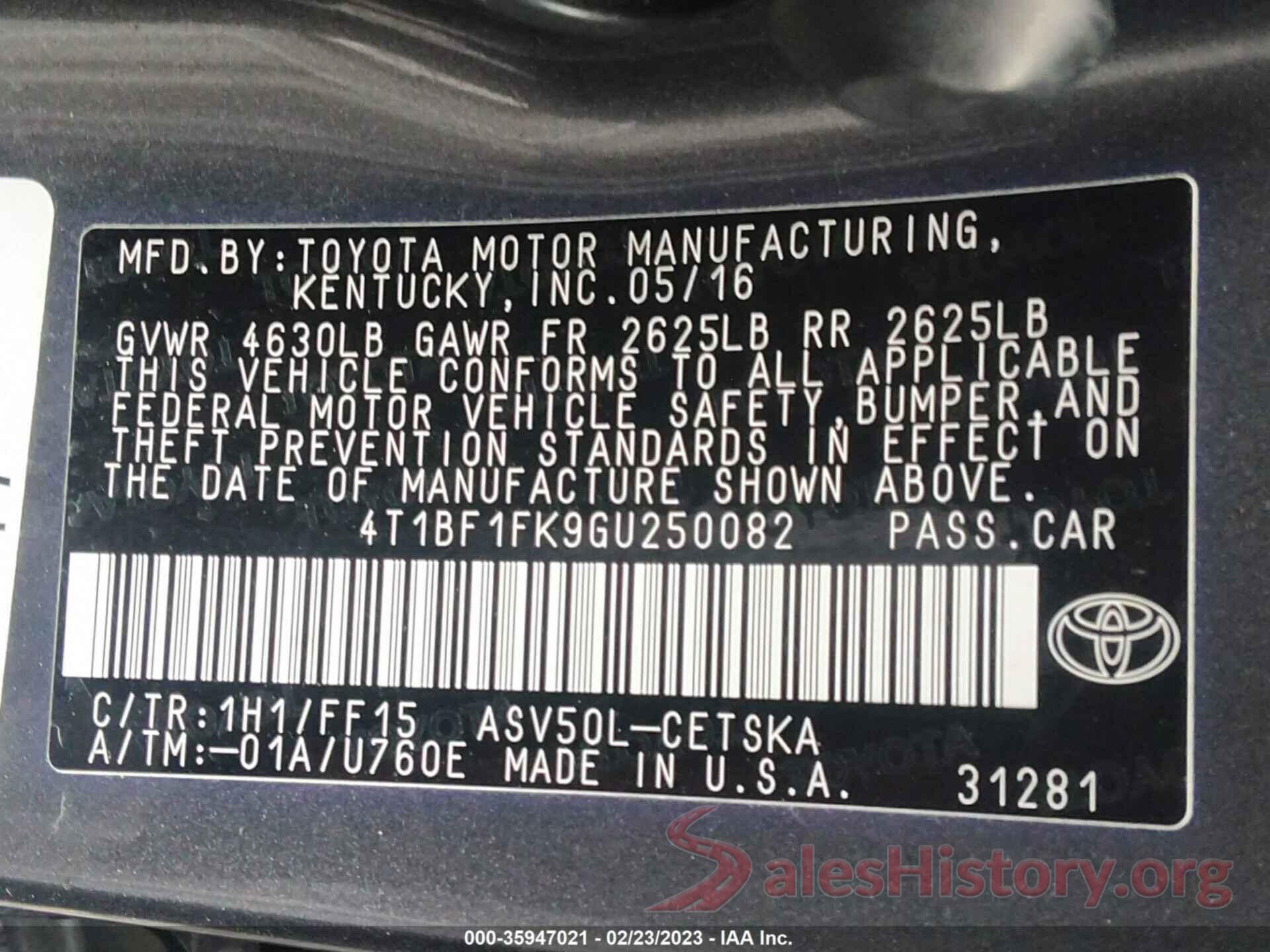 4T1BF1FK9GU250082 2016 TOYOTA CAMRY