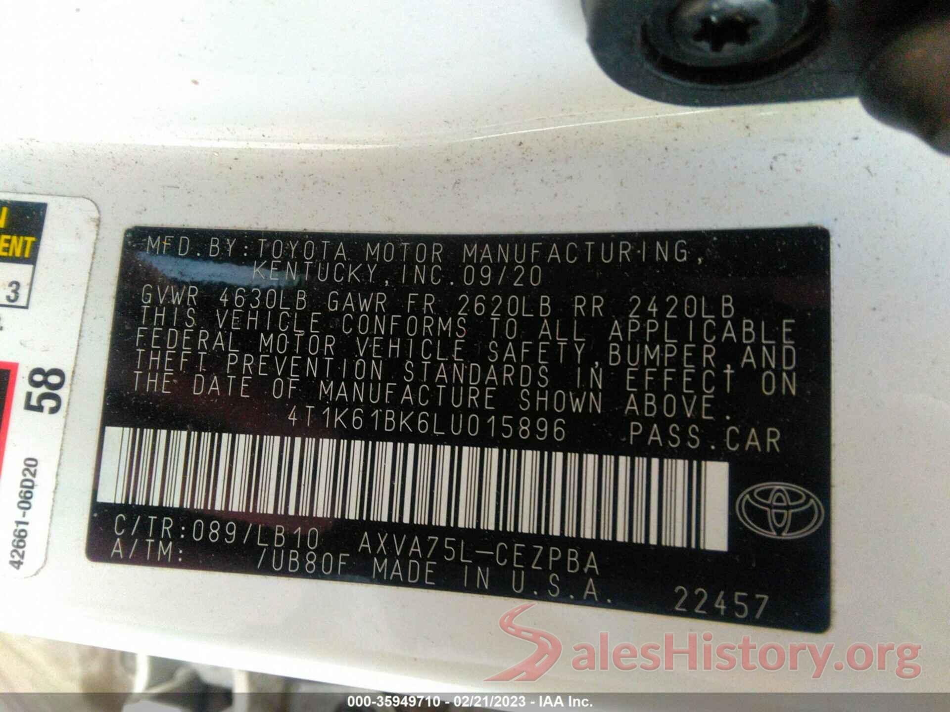 4T1K61BK6LU015896 2020 TOYOTA CAMRY