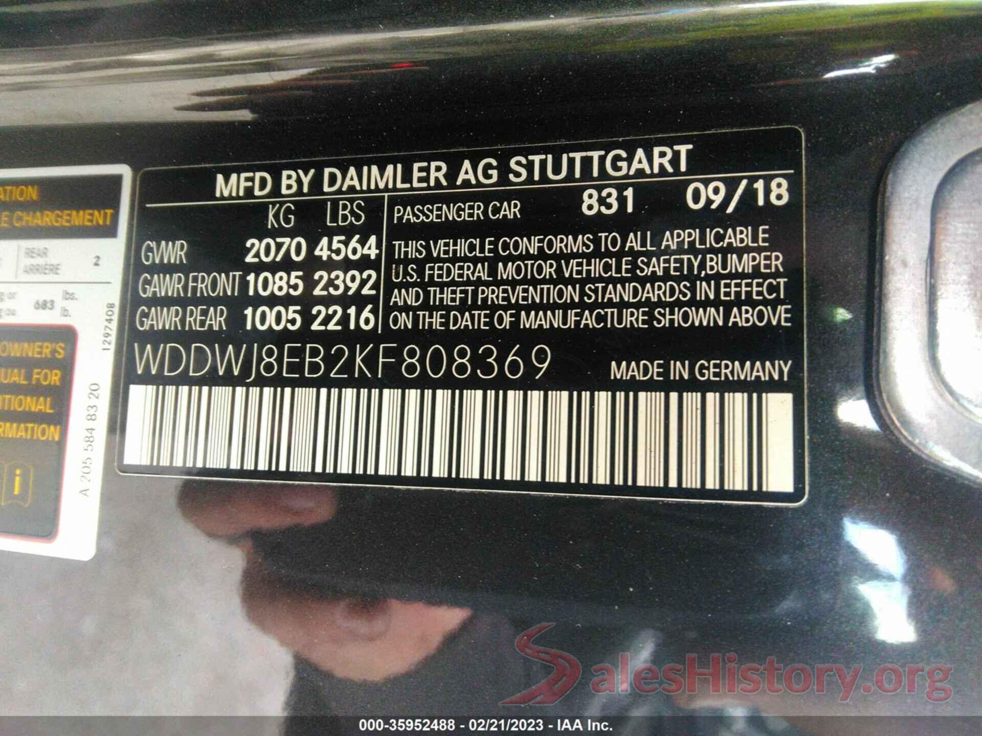 WDDWJ8EB2KF808369 2019 MERCEDES-BENZ C-CLASS